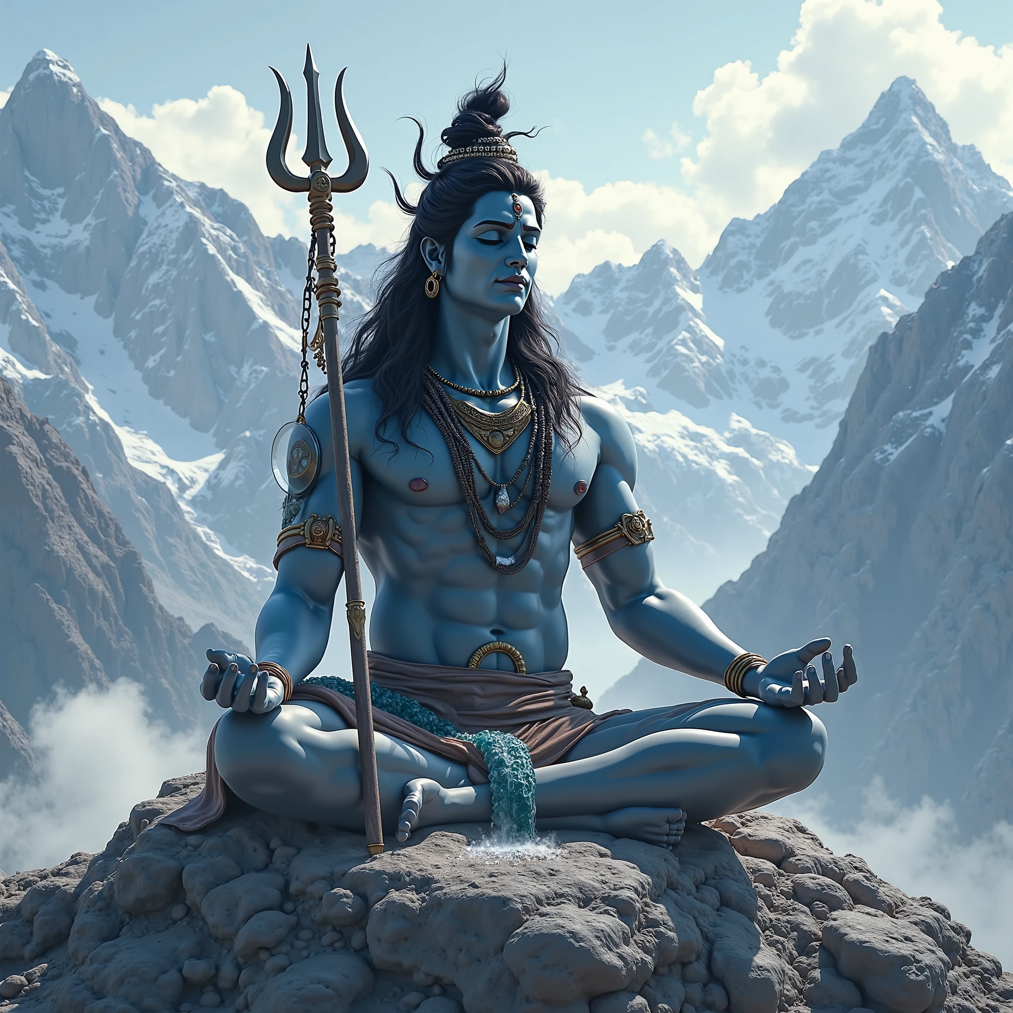 Lord shiva meditating in Himalayas with sky blue body color, trishul in hand