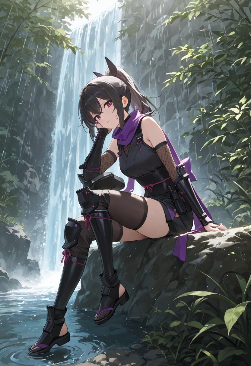 1girl, cyborg, mechanical arms, mechanical legs, upper body, (cybernetic), (fireflies:1.4), (black hair), (black eyes|white eyes), (sidelocks|ahoge), (absurdly long hair:1.4), glowing armor, solo focus, (magic circle:1.15), (depth of field, ambient lighting, blurry foreground, blurry background:1.3), ornate armor, atmospheric, smokes, (jungle scenery:1.4), coconut trees, leaves, (magic circle), heavenly light, light flares, intricate details, enhanced lighting, starry sky, comets, vast lands, (full body:1.2), (night:1.2), sitting