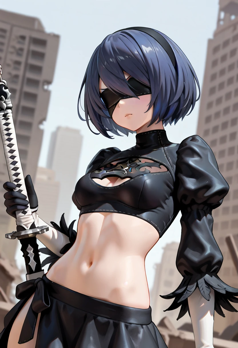 A woman wearing a ninja outfit, a black mask, and short hair, holding a sharp silver Japanese sword