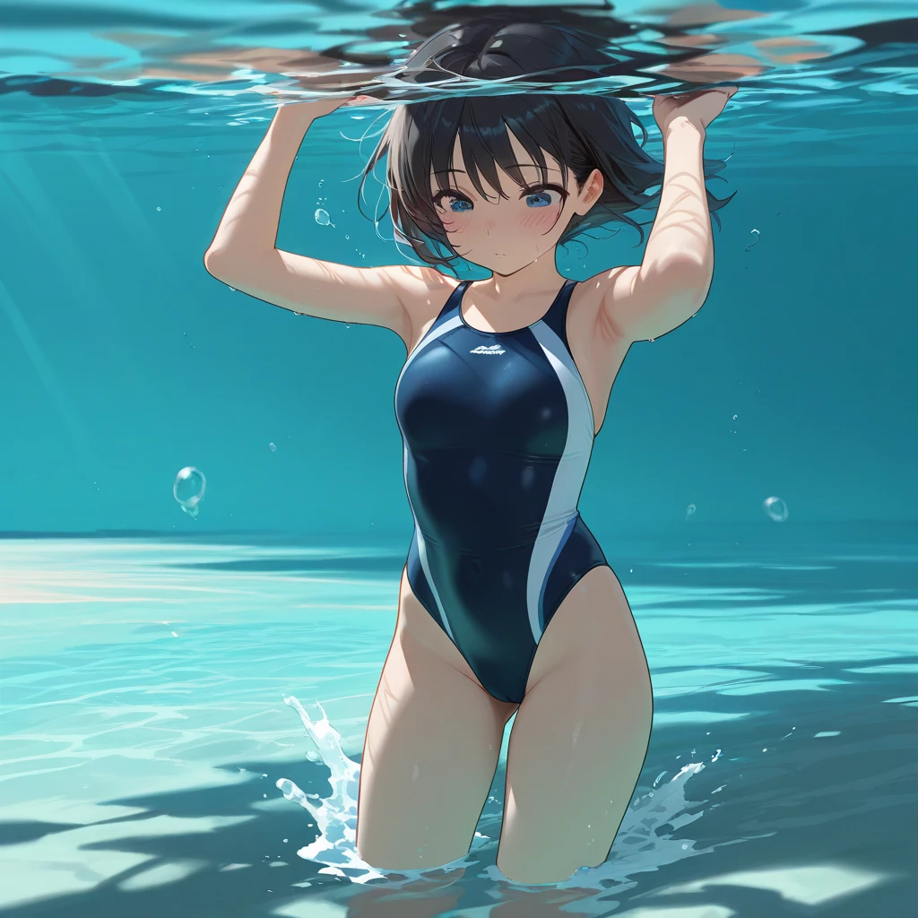 beautiful a girl、Diving, under the water, Dive directly underneath for underwater shots, in water, underwater photo, guweiz, Anime style mixed with Fujifilm、Pure white swimsuit、knee sox、Finns on the paws、highleg、swim wears