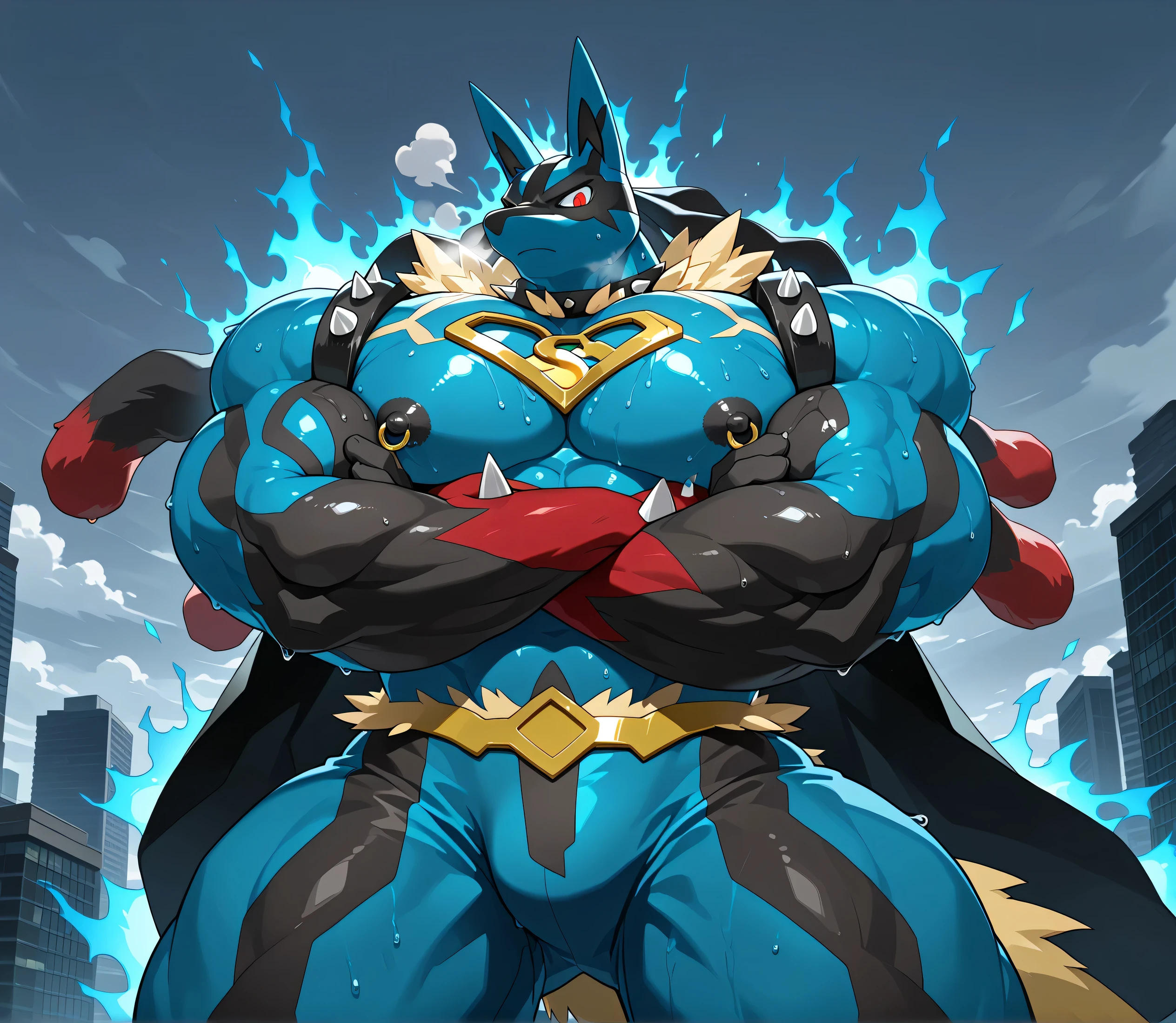 (masterpiece, best quality, detailed:1.2) (Pokémon) MEGALUCARIO, detailed full body, a knight's mechanical armor, heavy armor, wears full body armor. huge pecs, chiseled abs, huge pectorals, exaggeratedly huge muscles. wearing a cloak. unusually developed muscular body big muscle, pecs, triceps, traps, waist narrow, unusually developed muscular body, He wears a black cloak on his back. The cloak is so long that it touches the ground, bulge in the crotch wears a small black string thong that reveals huge muscular thighs. (metallic color: jet black thong) crossed arms. sitting on the throne,