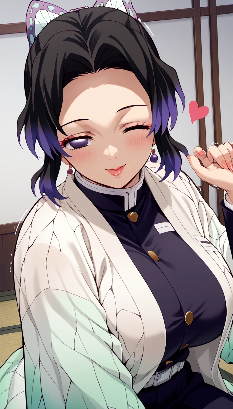 Shinobu Kocho (Shinobu Kocho) - Demon Slayer 　pantyhose,  black hair,I'm wearing a suit , Sexy pose ,

 huge breasts, cute face ,plump boobs, shaking boobs, boob emphasis,((Please express your gratitude with your body:1.3)),(((Please use your body to express your gratitude))),((Please wink)),
(( throw kiss)),


((( One Person Point of View))),anime  style,