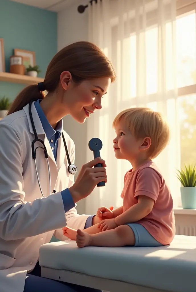 Create an image featuring a caring doctor, wearing a white coat and a stethoscope around their neck, focused intently on a young child who is sitting on an examination table. The doctor is gently holding a medical instrument, like a stethoscope or an otoscope, with a look of concentration and care. The child, around , looks calm and comfortable. The background is a well-lit, modern medical office with soft colors, conveying warmth and safety. The image should emphasize the doctor's attention to detail and the connection between the doctor and the child.
