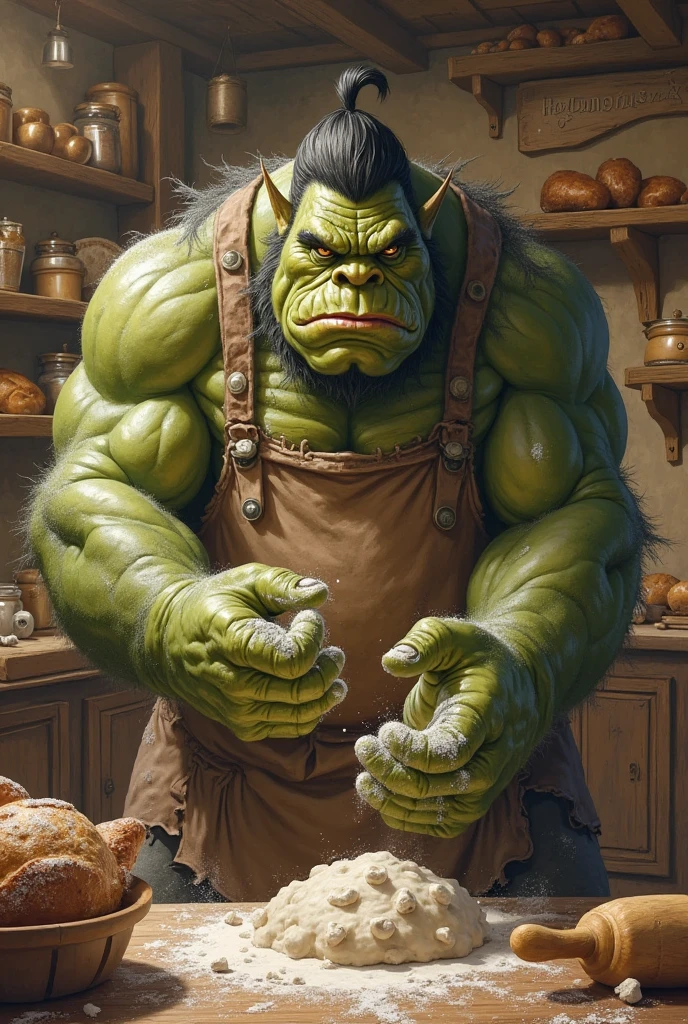 Medieval fantasy Human prisoners in an Orc village breaking down a freshly hunted boar for the tribe to cook later. Pale green skin. Sweat. Muscles. Dirt. Worn clothes. Torn clothes. Worn and torn shirt. Bloody hands. Blood stained clothes. Prominent mouth tusks. Crotch bulge. Bulging crotch. Growing muscles. Round ears. Drooling over raw meat. "Meat ... hungry.... Eat...." Brute. Assimilation.