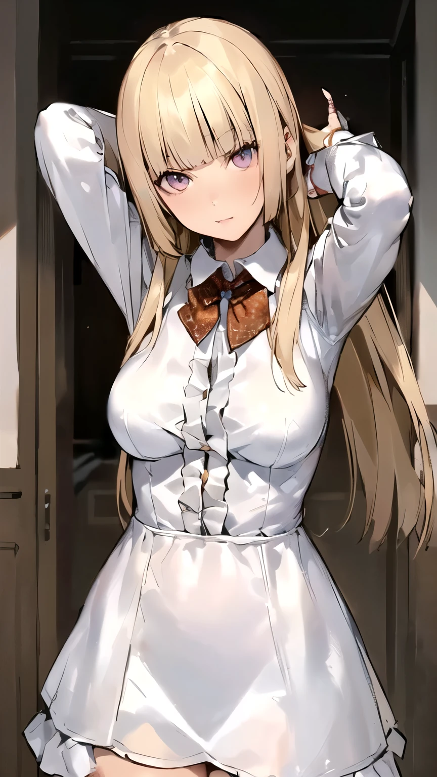 (masterpiece,best quality)),{ DATE_artstyle_LoRA(1.2( : Manga_Style } {horror_edit} {  } { :{ tekken7_lili bangs,blonde hair,blunt bangs, long hair, hime cut, : perfectly_shaped_breast: perfectly_fit_body : flawless_skin } {  : bowtie,fingerless gloves,red bowtie, white dress ,,}} {standing : obedient : arms_behind_head} { no_emotion : hypnotic_eyes : hypnotized_eyes : lazy_eyes} { sweating : } { : room : dark : }