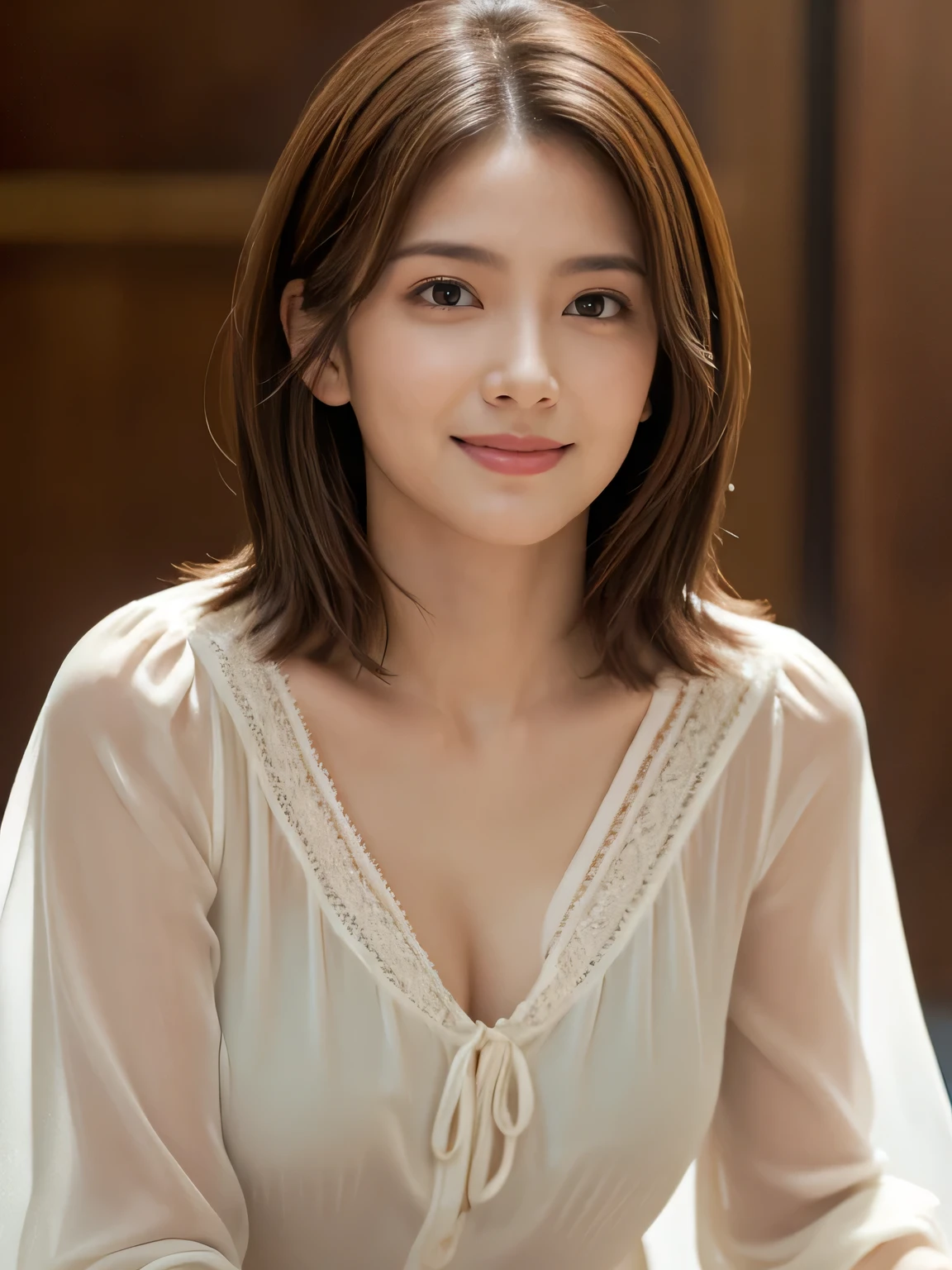 (RAW Photos), (Photorealistic), (masterpiece), (highest quality), High resolution, 8k, (Intricate details), (Volumetric light), Portraiture, woman, Age 35, Medium Hair, Straight hair, Medium chest, Accentuate your cleavage, Layered Hair, Brown Hair, Very beautiful eyes, Source order, Very thin eyebrows, Very fine skin, Very nice mouthfeel, Very nice nose, Cute like an idol, Smile, (Thick lips), (Looking at the audience), (Elegant blouse), Above the knee shot,