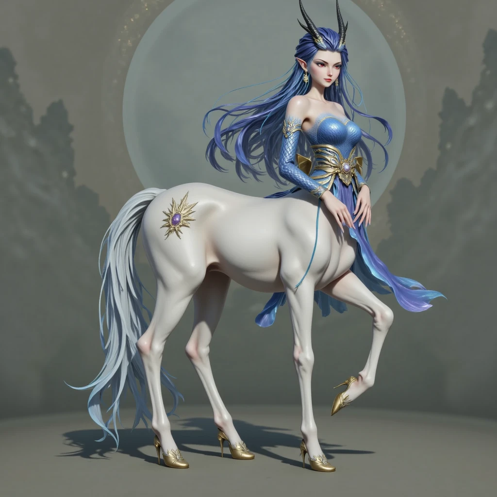 1 centaur,top-quality、tmasterpiece、超A high resolution、(Photorealsitic:1.4)、RAW photo、Battle Robot Angel、Large wing made of metal、White porcelain body、Acrylic transparent cover、whaite hair、glowy skin、1 Cyborg Girl、((Super realistic details))、porate、globalillumination、black shadows、octan render、8K、ultrasharp、Character edge light,Colossal tits、Raw skin is exposed in cleavage、Details of complex ornaments、Details of the Twin Zeta Gundam、Hydraulic cylinder、small led lights、highly intricate detail、Realistic light、a purple eye、Radiant eyes、Facing the camera、neon light detail、cow boy shot、Futuristic headgear、Floor plan about the《cyber punk perssonage》、、
