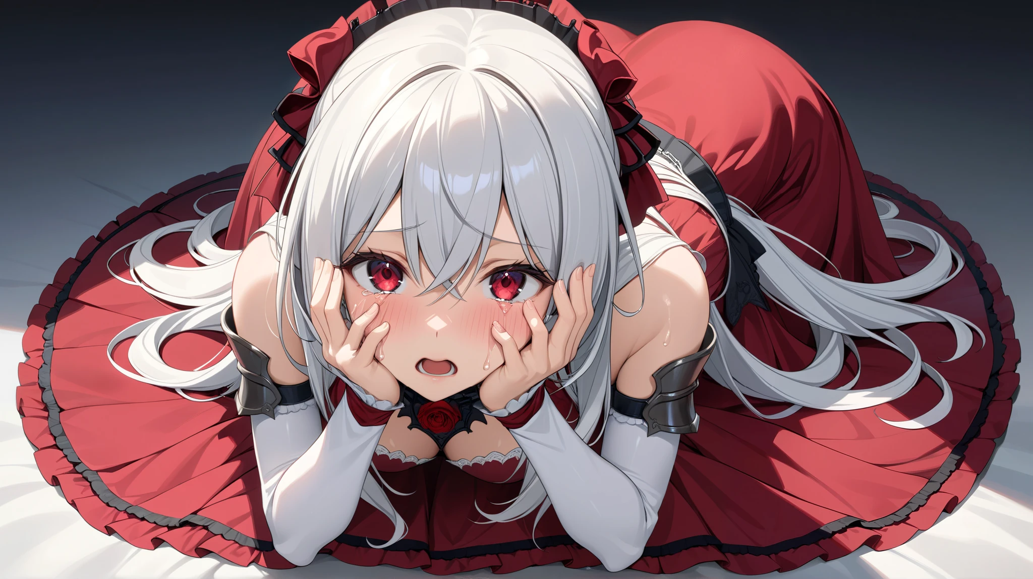 (TOP QUALITY, masterpiece, super precise, high definition), 8k, Anatomically Accurate Body , anime girl wearing nice armor has long white hair、 wearing a nice dress, Change in dress, Nightcore, red dress, Gothic Maiden anime girl , White-haired goddess, beautiful charming anime woman, simple background, on all fours, face the front, from above, beautiful face, perfect face, 非常に詳細な beautiful faceと目, attractive face , detailed faces, Delicate Facial Features, Surprised, shocked, hands on face, crying, crying