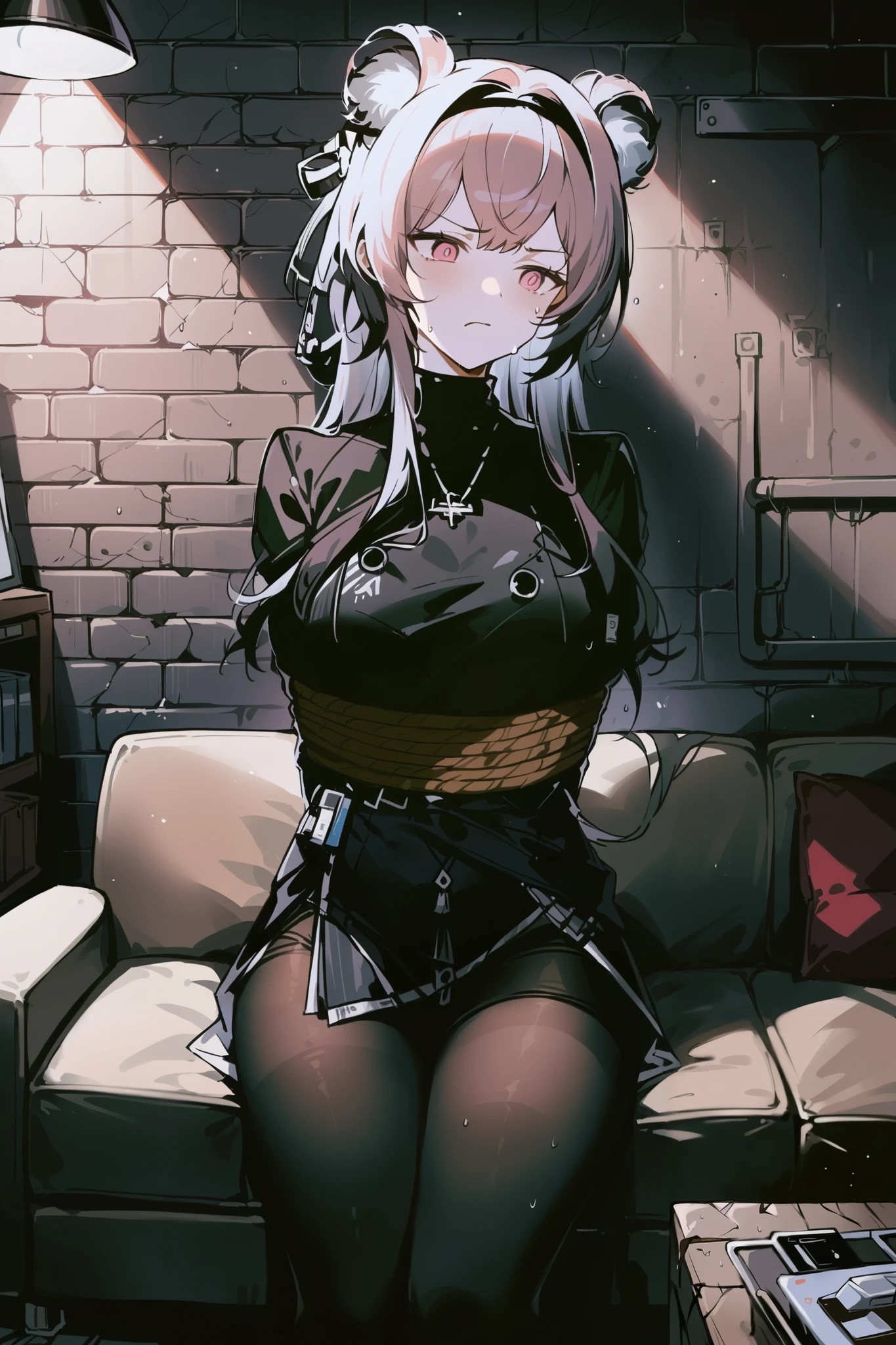 1 girl, big breasts, Thighhighs,alone, thigh boots, black skirt, black footwear, (((masterpiece,High resolution,highest quality))), alone, blonde hair, behind, looking at the viewer, open your mouth, alone, blush, Wet clothes, heart, Raise the hand, Wet, huge breasts, short hair, transformation, white panties, himiko toga, bondage, shibari, restraint, bondage ropes, rope, tied up, restraintされた体