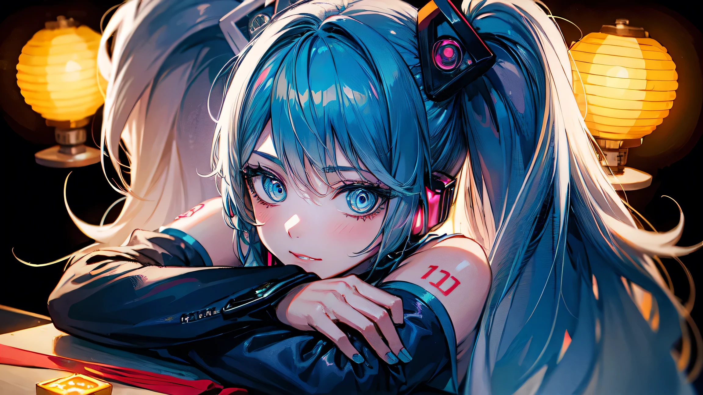 1 girl,  Hatsune Miku,  vocaloid,  blue eyes,  Lantern,  long hair,  Long Sleeve, watch viewers,  tie, sleeveless, sleeveless シャツ, twin tails、close-up
