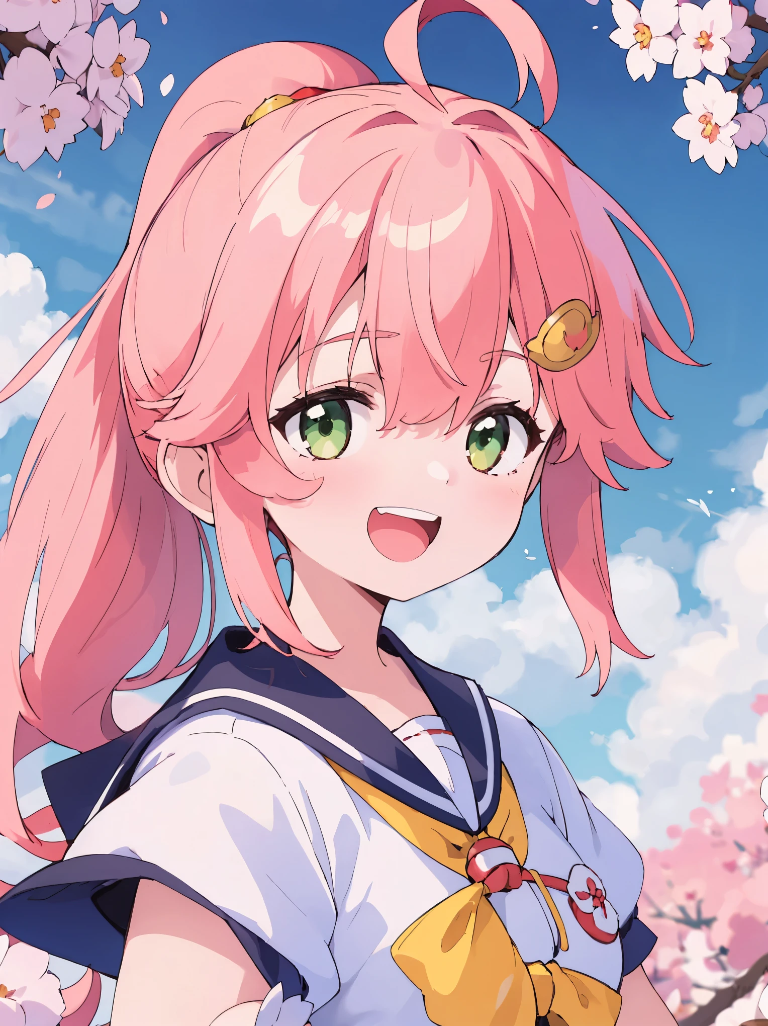 masutepiece, Best_Quality, hight_resolution, miko_school sakura_miko, 1teen_girl, Ahoge, Hair Ornament, White serafuku, dark_Pink_hair,(short_ponytail:1.3), hair clips, Bangs, hair between eye,short sleeves, Black bow, big_Smile, Laughter,open_mouth,medium_breasts,closed_one_eye,wink,green_eye,raising_arm, pink_tie,happy,teeth,cherryblossom_park_landscape_background,solo,shy,portrait,