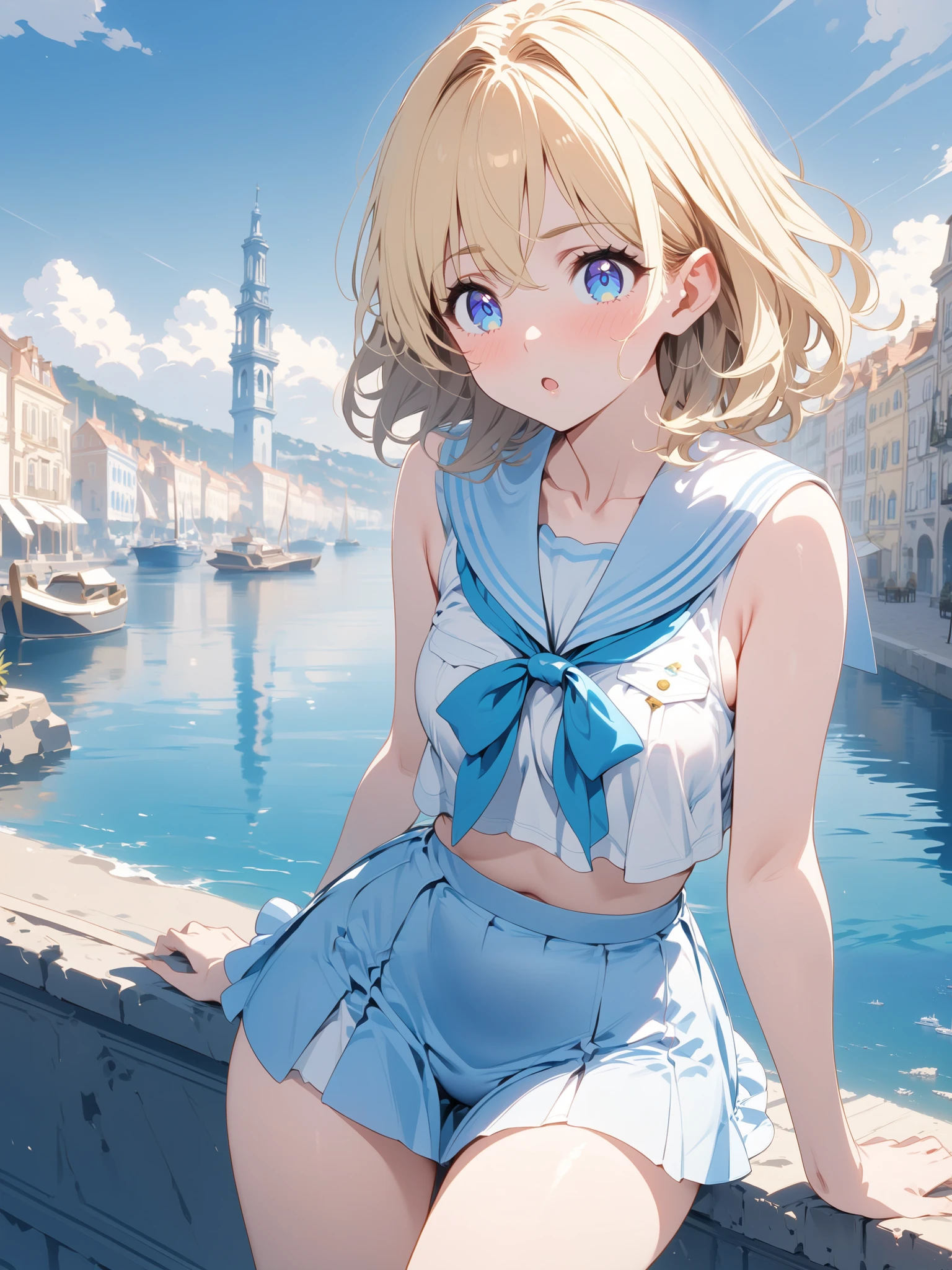 (highest quality, 4k, masterpiece :1.3), Beautiful woman, 1 girl, (, attractive body :1.2), jk:1.1, blonde: 1.1, short hair, sailor suit, super detailed face, lip details, fine eyes, double eyelid, smile,