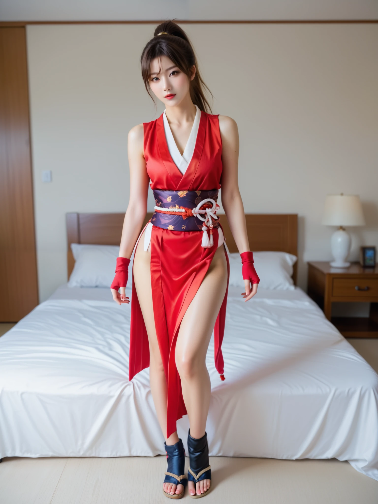 (masterpiece,best quality:1.4),(8k,raw photo,photo realistic:1.2),detailed skin,detailed face,detailed eyes,japanese woman,beautiful face,BREAK,maishirandg,Brown hair,brown eyes,high ponytail,BREAK,pelvic curtain,japanese clothes,sleeveless,sash,no bra,obi,fingerless gloves,toeless footwear,BREAK,bed room,BREAK,nsfw,standing,BREAK,nsfw,BREAK,(front view,front shot)