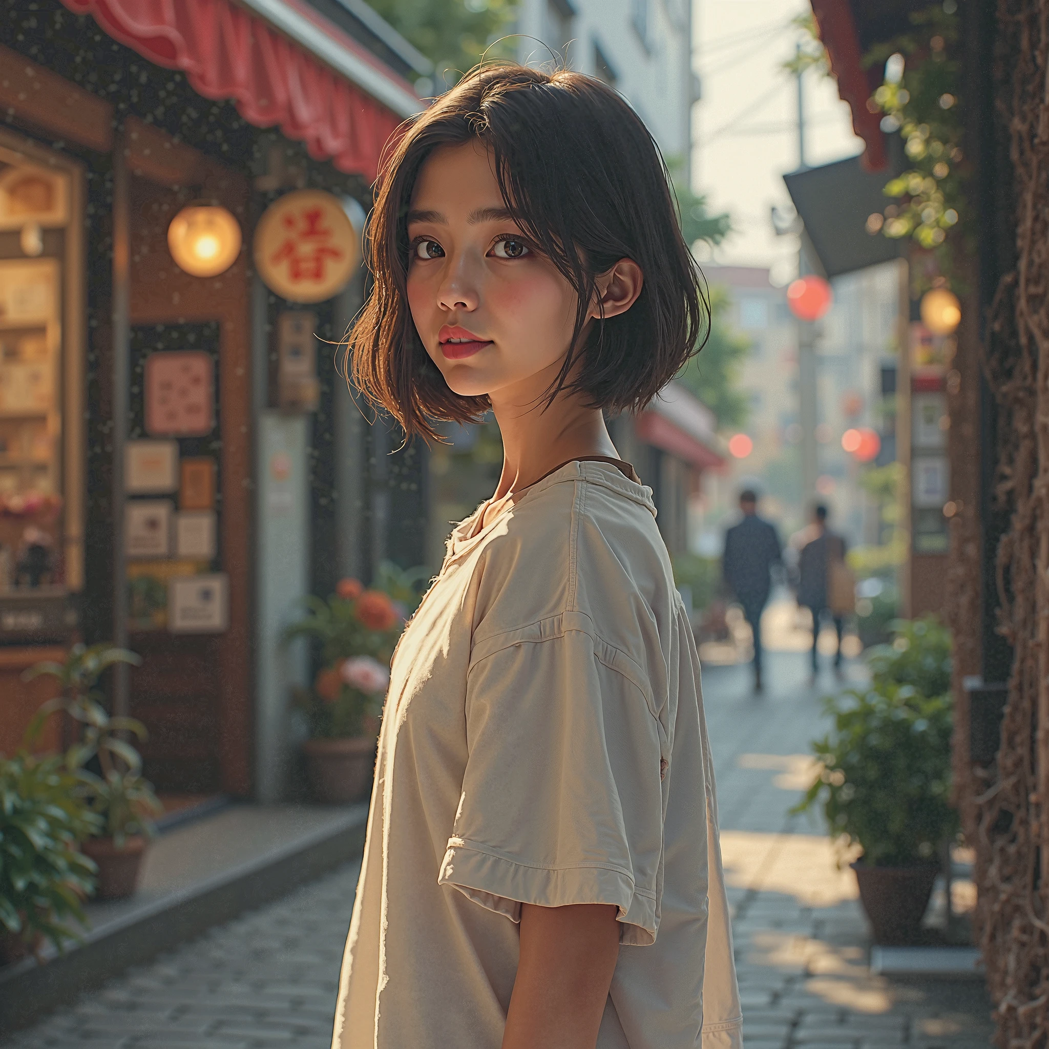 There is a woman standing on a sidewalk in a city - SeaArt AI