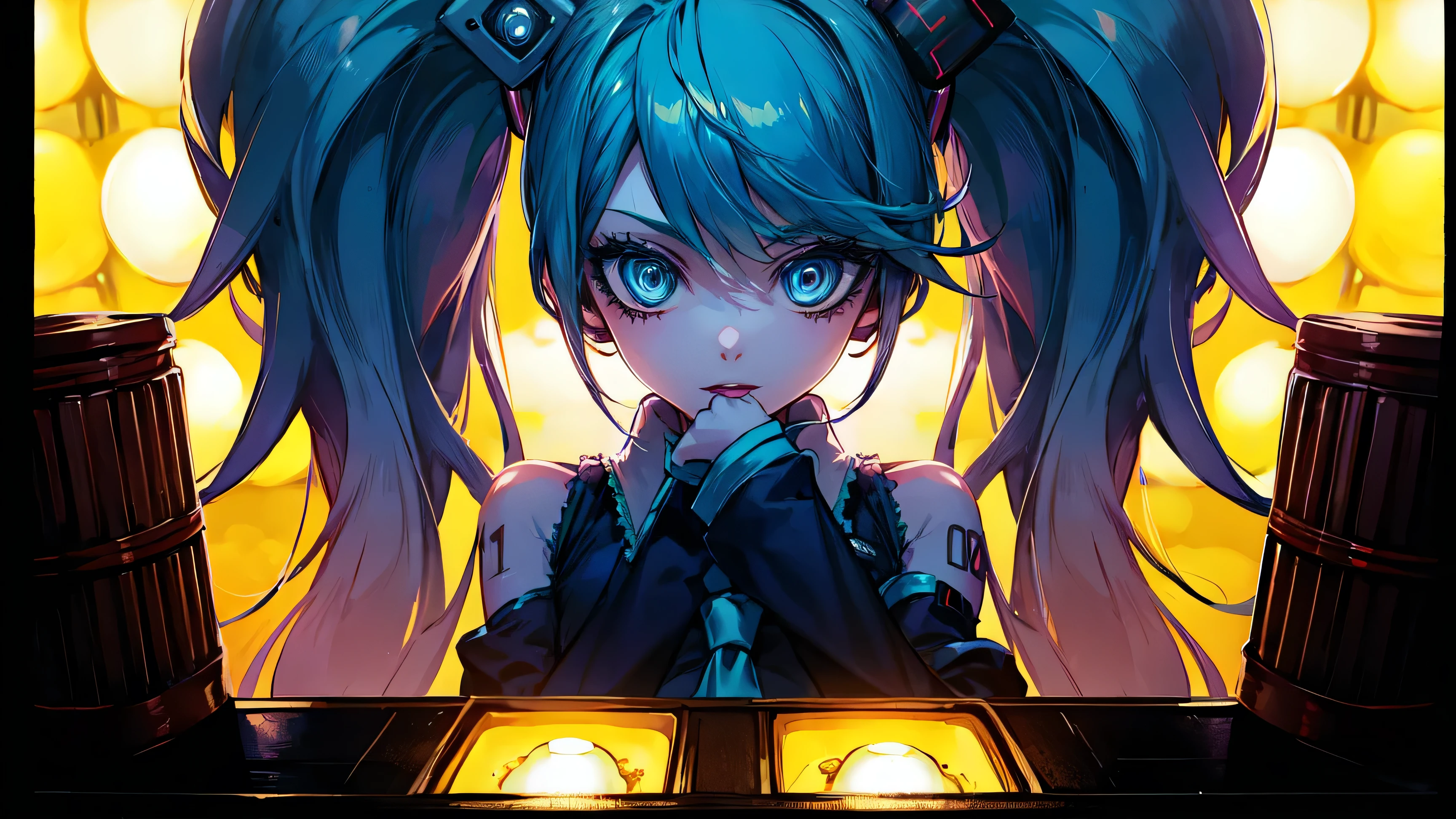 1 girl,  Hatsune Miku,  vocaloid,  blue eyes,  Lantern,  long hair,  Long Sleeve, watch viewers,  tie, sleeveless, sleeveless シャツ, twin tail、close-up
