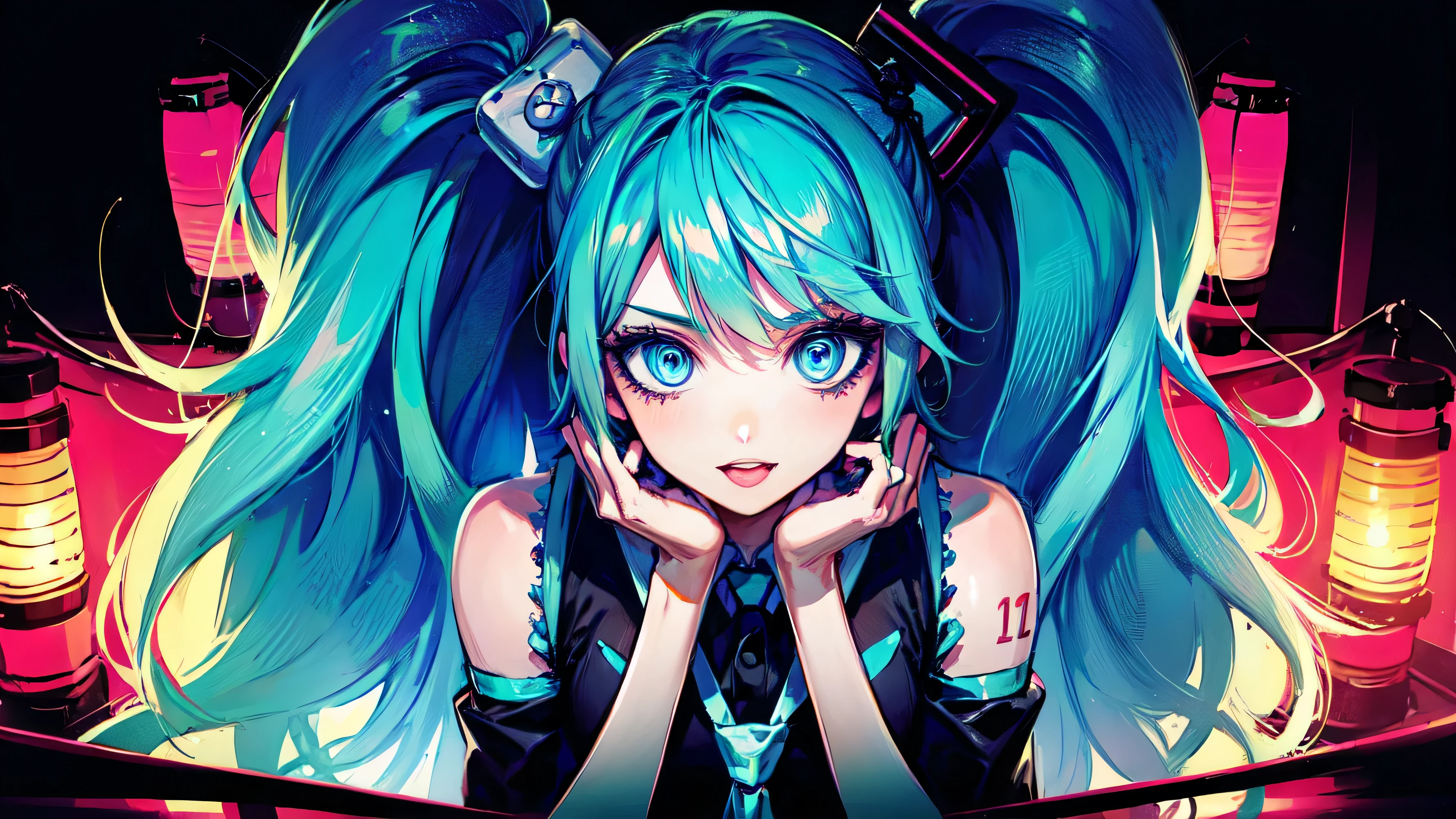 1 girl, Hatsune Miku, vocaloid, blue eyes, Lantern, long hair, Long Sleeve, watch viewers, tie, sleeveless, sleeveless シャツ, twin tail、close-up