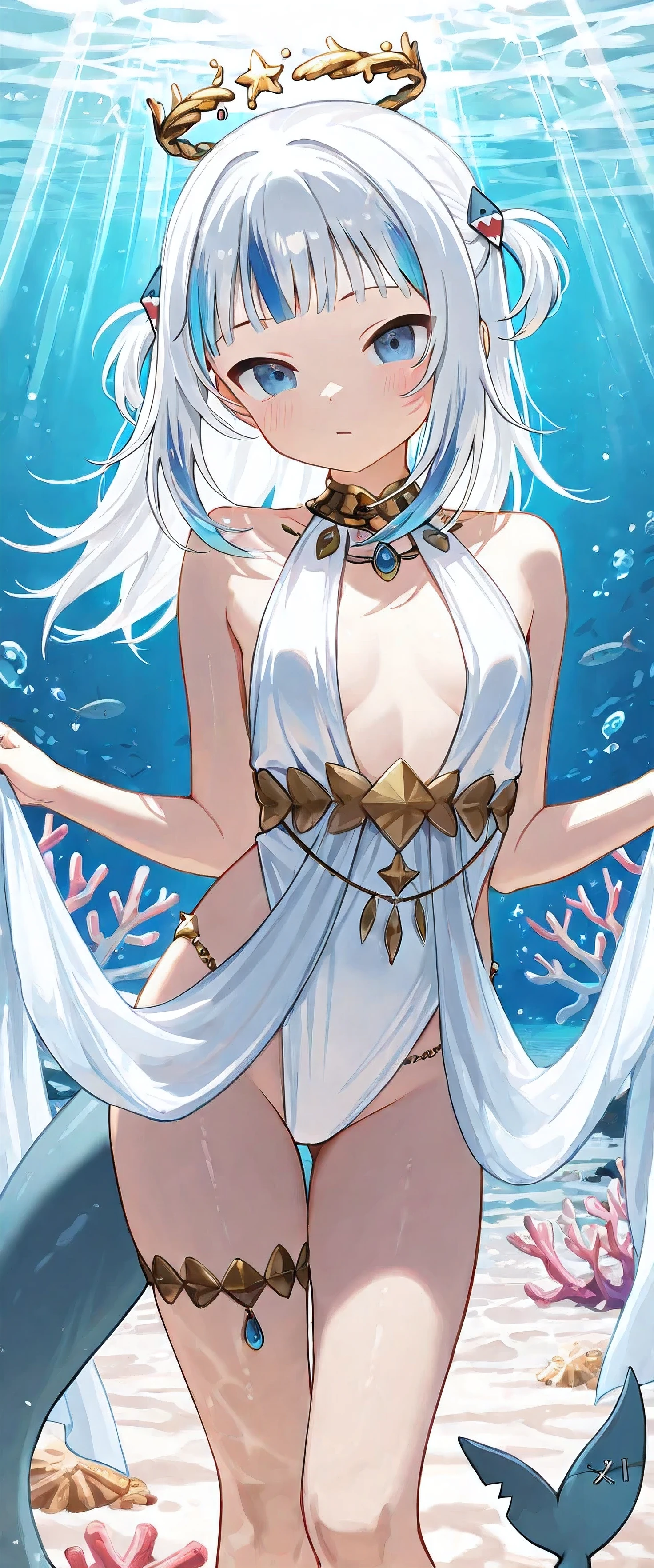 young girl 15 ,, very long hair that touches the ground, platinum ruby hair, iridescent eyes, very slim body , very small breasts, wide hips, lips shining with moisture, dressed in a very transparent white silk toga, very small young woman and thin
