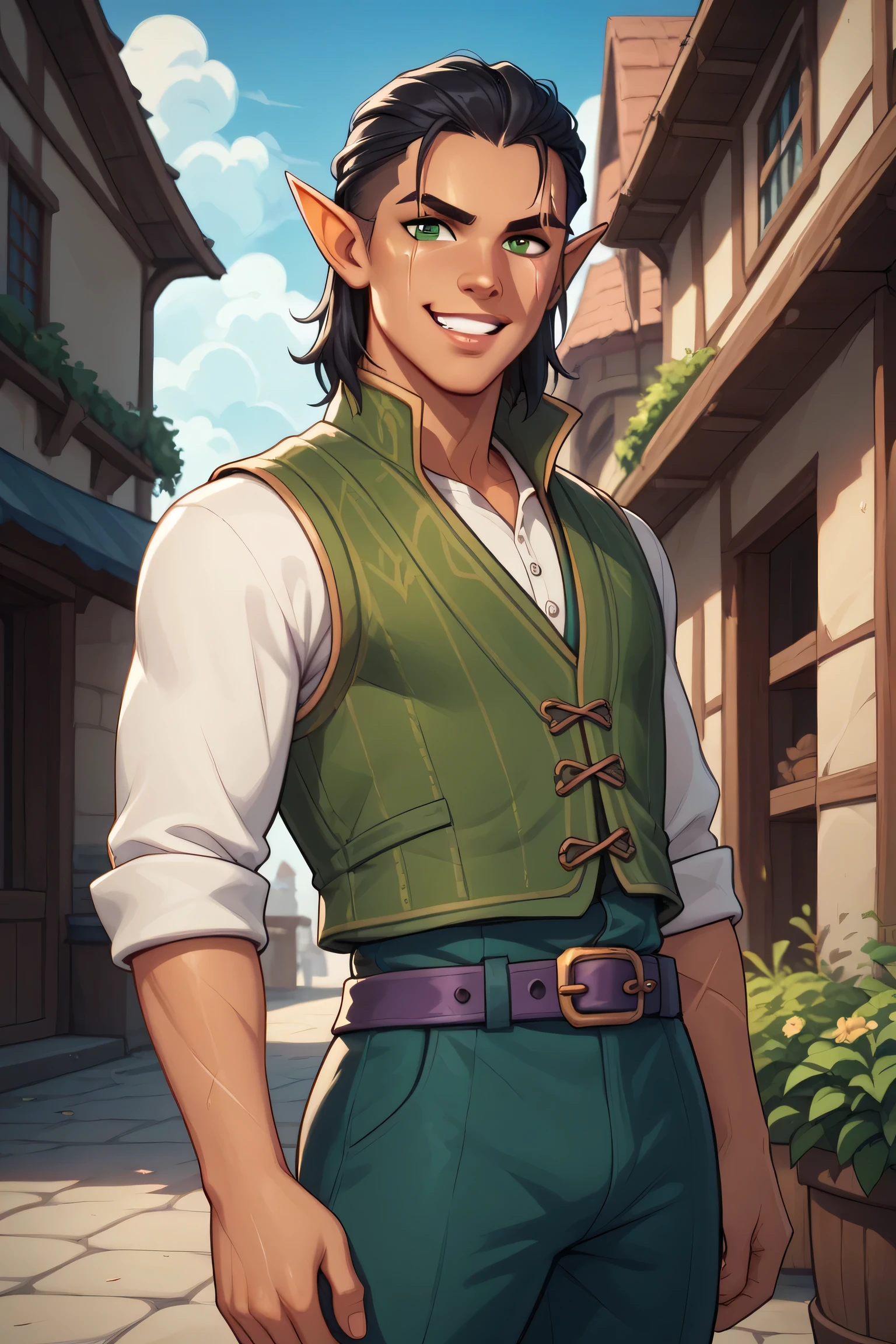 elf, solo, male, pointed ears, black hair in friars cut, green eyes, brown pirate vest,diagonal face scar dark purple sash leather belt, caviler, rouge, mischievous, wicked grin, standing in a courtyard, cloudy day, fantasy dungeons and dragons, close up
