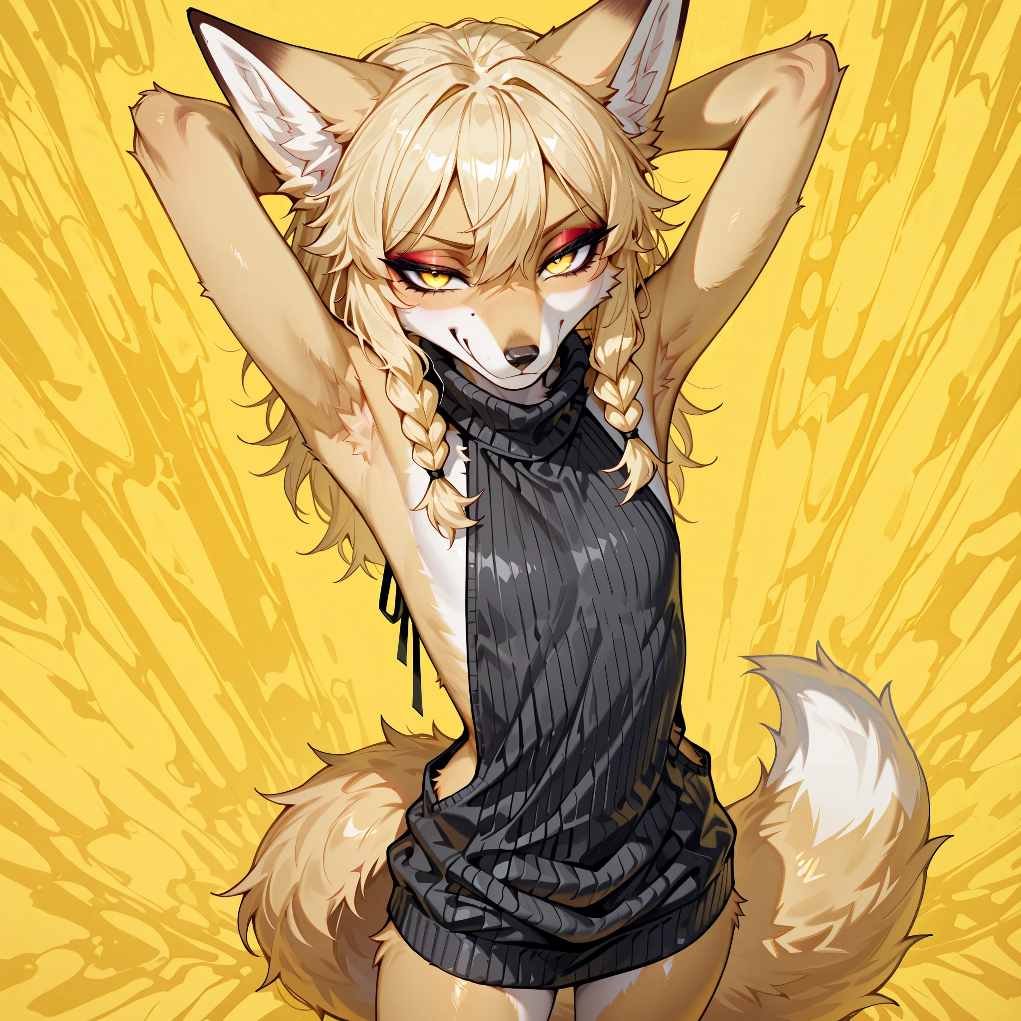 masterpiece, best quality, amazing quality, very aesthetic, high resolution, ultra-detailed, absurdres, newest, female furry, kimiko, anthro, solo, 1 girl, countershading, snout, furry blonde fox girl, light yellow fur, smirking, , long golden blonde hair, side locks, hair parted in the middle, yellow eyes, black eyeliner, small chest size, wearing only a grey virgin killer sweater, tail, standing, looking at viewer, abstract yellow background, seductive pose, hands behind head, winking, from above,