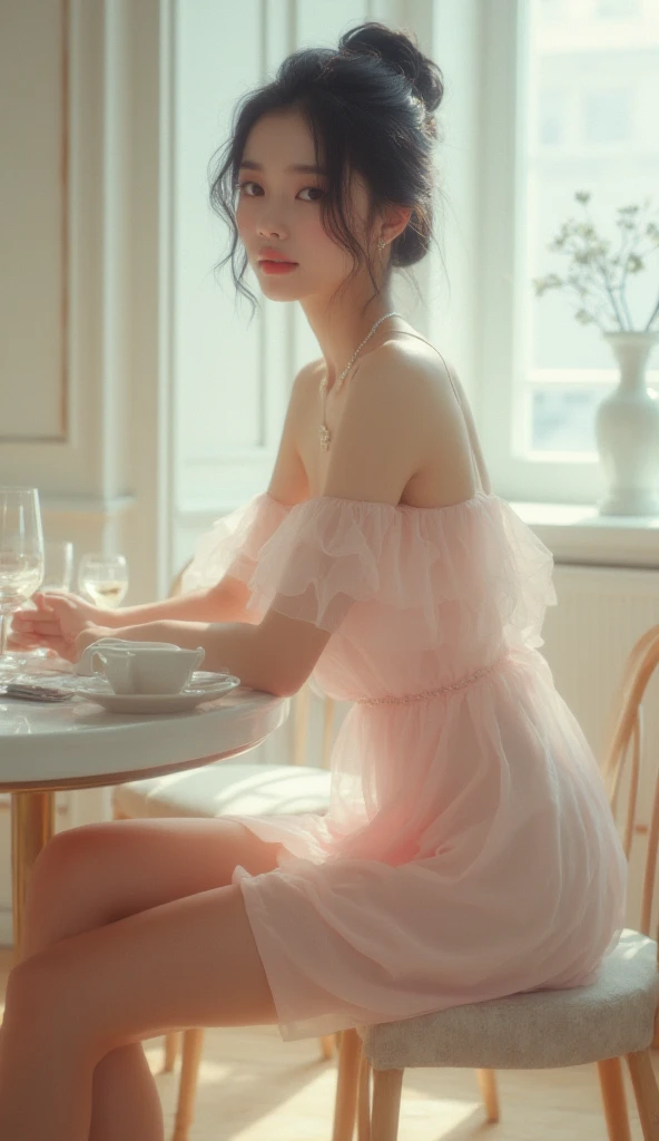 A new female emotion of playfully, red haired rose, transparent eyeglasses, in a pink and white dress and pink and white sneakers and a white porcelain mug in her hand 