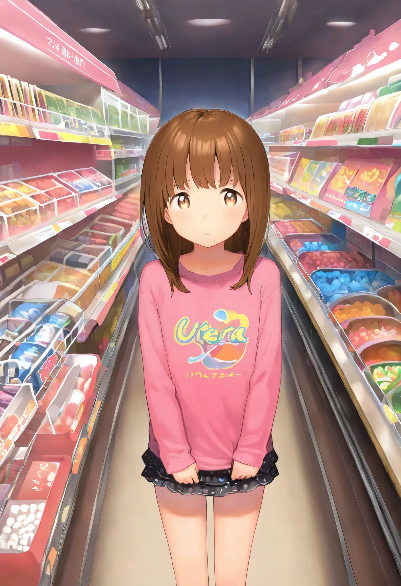 kgr, 1girl, solo, brown hair, long hair, brown eyes, printed shirt, long sleeves, flared miniskirt, flat chest, standing in toy store, ultra detailed, highres, general, masterpiece, best quality, amazing quality, very aesthetic, absurdres, newest,
