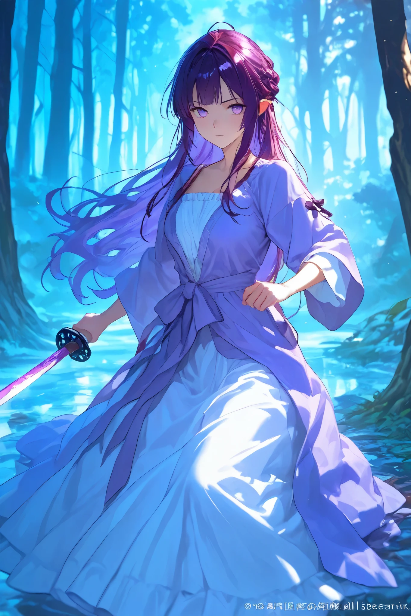 human young woman girl, wearing in brown simple long dress, perfect purple eyes, dark purple hair, long hair, interesting hairstyle, holding a ice katana sword, isekai, dark forest, fight