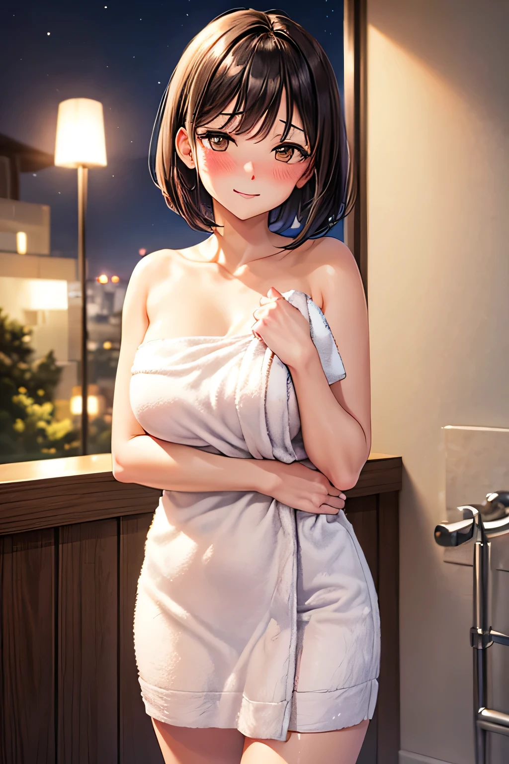 Best quality, 8K, Masterpiece, Shy, Japanse girl, naked, wrapped in towel, looking at screen, short hair, medium size breast, detailed eyes, detailed body, small smile, light blush on the face --auto