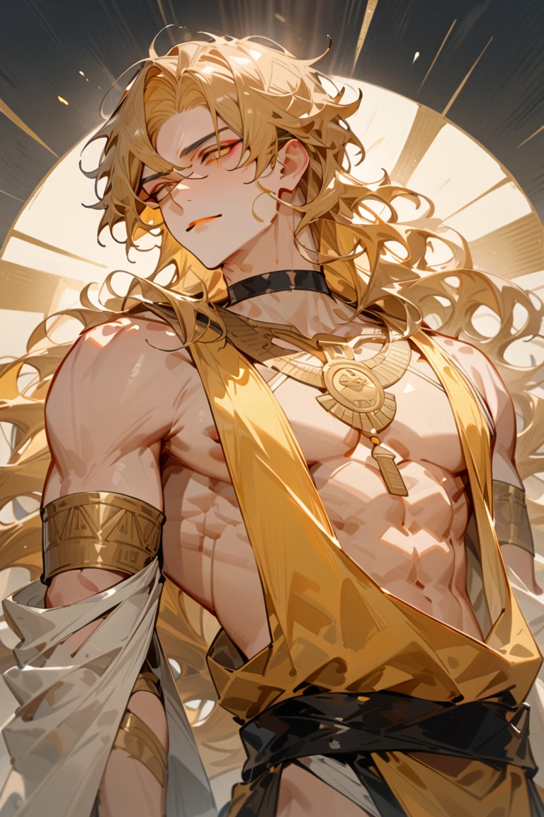 masterpiece, newest, absurdres, safe Solo, high detailed, male, handsome masculine male, Sexy male. Masculine male. Handsome Male, sexy male, Seductive, golden hair, long hair, very long hair, wavy hair, orange lips, black eyeliner, golden eyes, god, divine, black choker, yellow tunic, exposed chest, exposed cleavage divine glow, god of the sun, sun god, egyptian