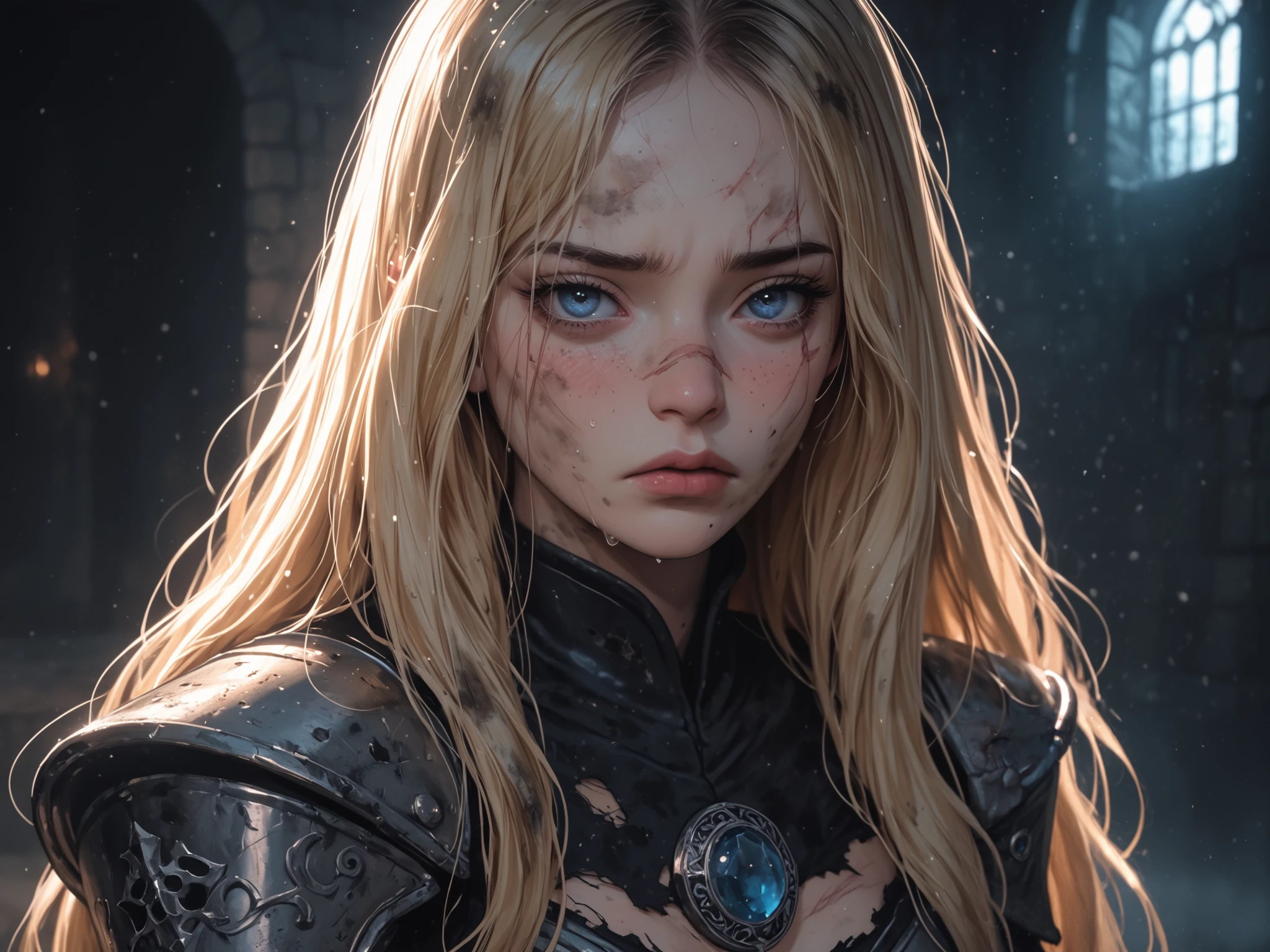 Medium shot of a blonde girl, cold nose, prisoner, dirty, torn, astsuit, black armor, long hair, (blue eyes), (sadness, fear, pouting expression, sad eyes), (Black circular medallion with a blue jewel from the Velaria house), sitting, (dark dungeon background:1.6), (dark lighting), (Scar on the chin), dark night, blush on cheeks and nose, toned abdomen, small breast, (petite body), masterpiece, best quality, film Style, Cinematic, movie.
