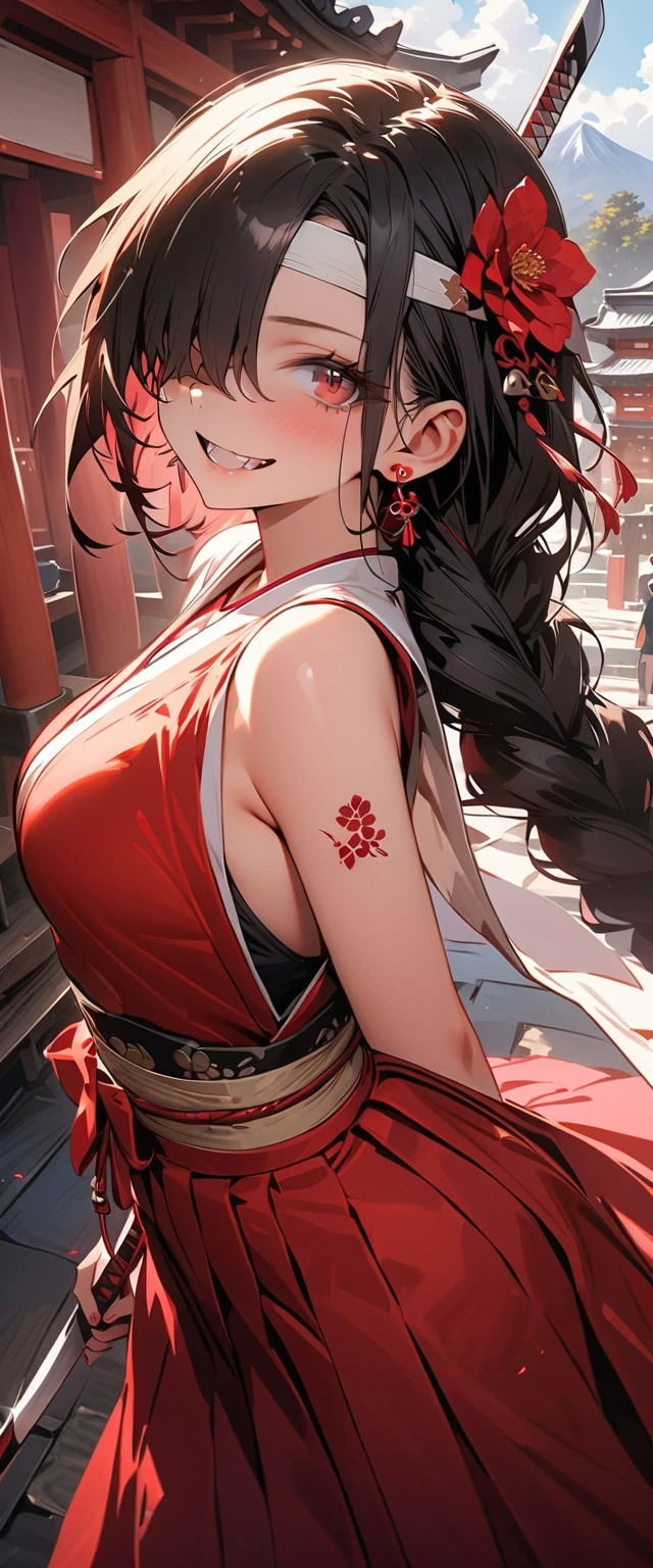 Japanese woman, gorgeous face, hair tied in bun, maria chiquinha, black hair, straight hair, caramelized brown eyes, red colored Chinese dress with neckline, thick thighs, large breasts, curvy, thin waist, white skin, red cloth armbands, red colored Chinese sneaker, ancient kingdom, medieval setting, fighting pose.