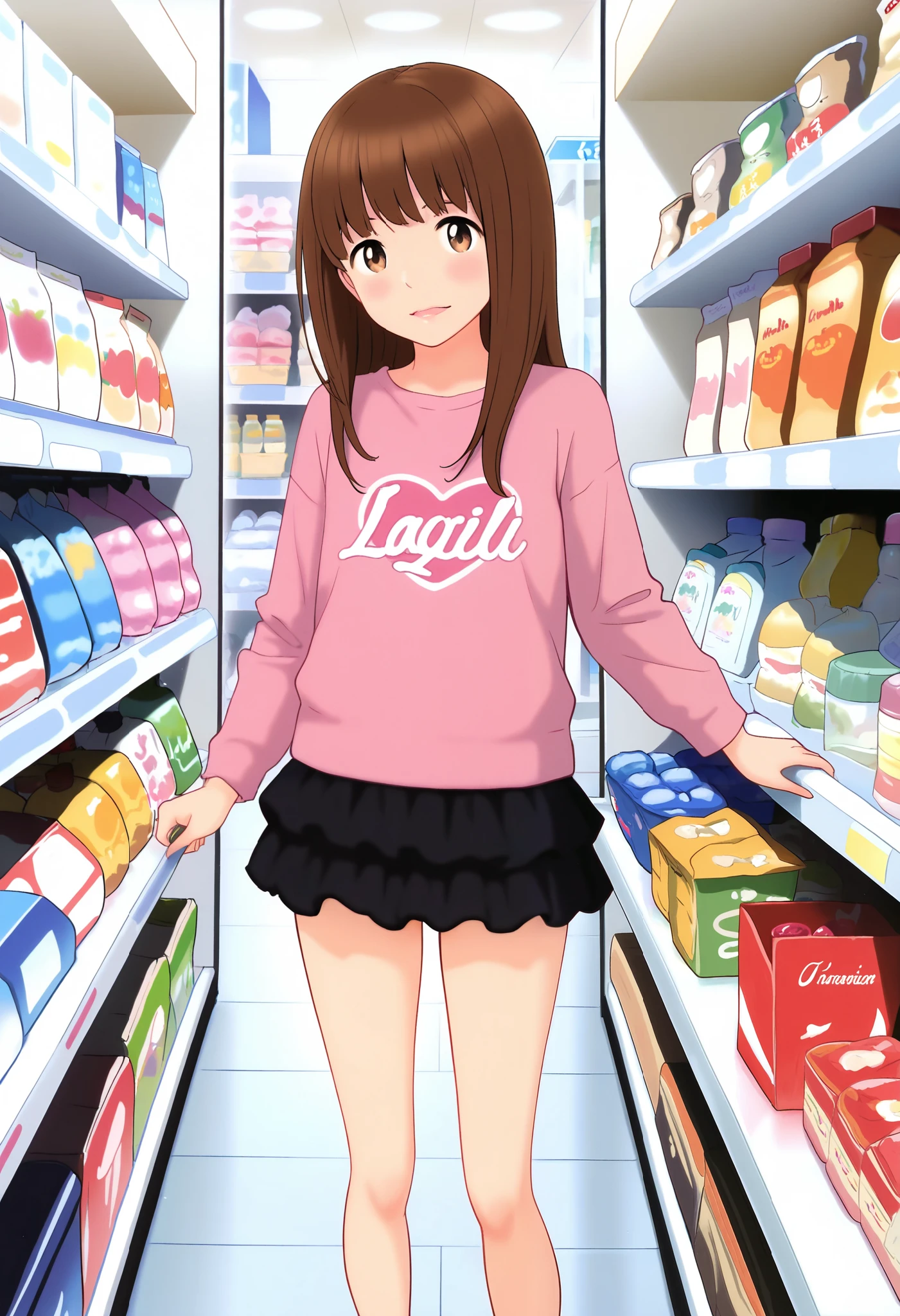 masterpiece, best quality, amazing quality, absurdres, highres, ultra detailed, general, kgr, 1girl, solo, brown hair, long hair, brown eyes, printed shirt, long sleeves, flared miniskirt, flat chest, standing in toy store,