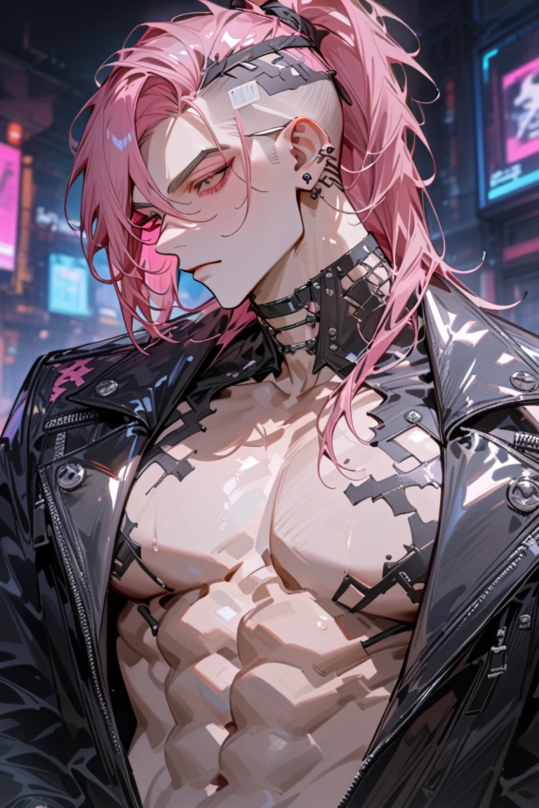 masterpiece, best quality, ultra-detailed, texture, detail eyes,8k, 1boy, Sukuna, a man with pink hair and shirtless, tattoo_ryoumen, tattoo_on_his_face, tattoo on body, looking at viewer, abs, detailed eyes, detailed face, (masterpiece:1.4),(best quality:1.4),(shiny skin),realistic, bright, neon lights, night, midnight, city, cyberpunk, light ,