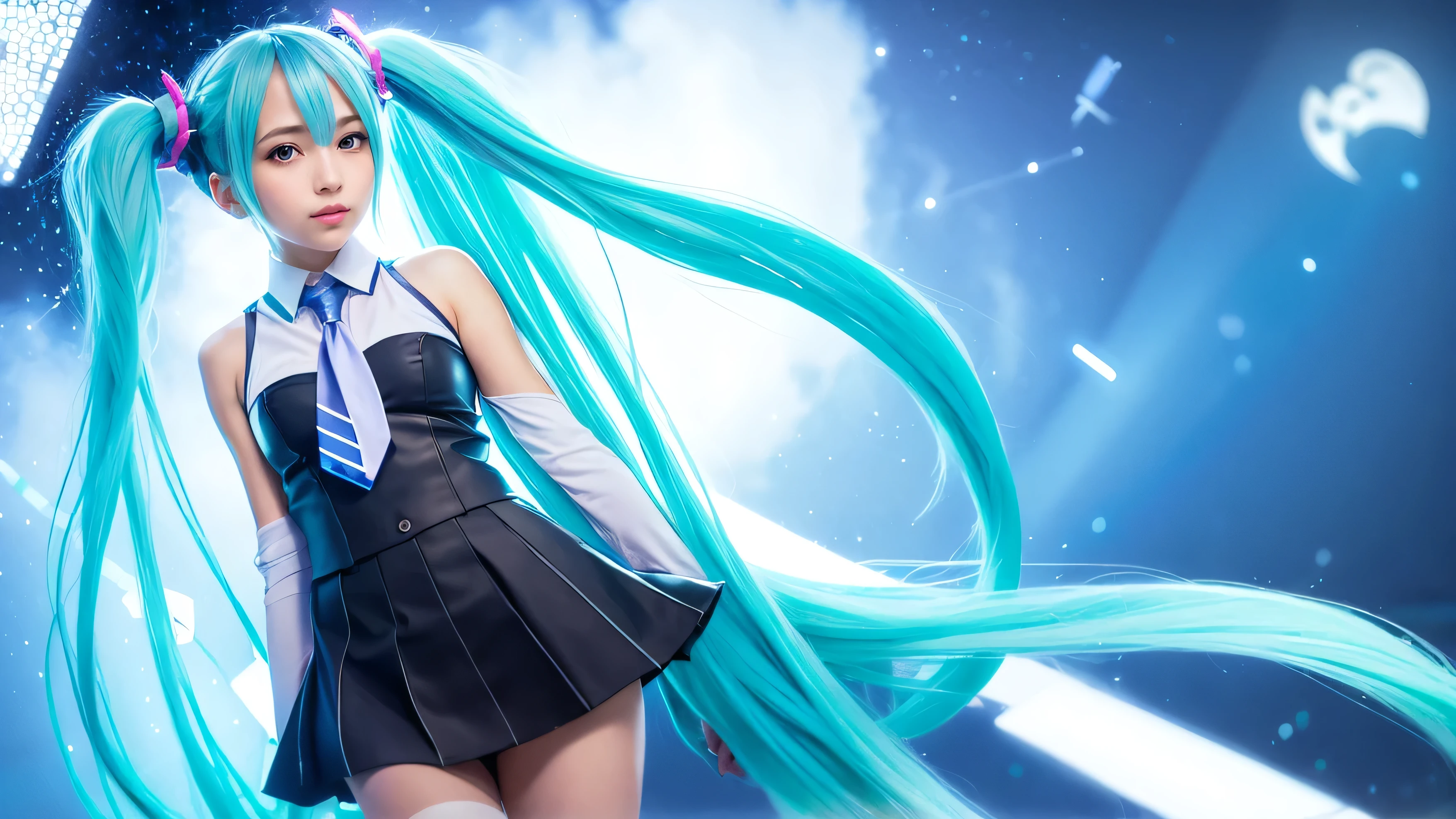 Big breasts Hatsune Miku,extremelydetailedface,Blue-green hair with double ponytail,校服,Sailor collar,Blue sky,partial underwater shot,Get wet,Pantyhose