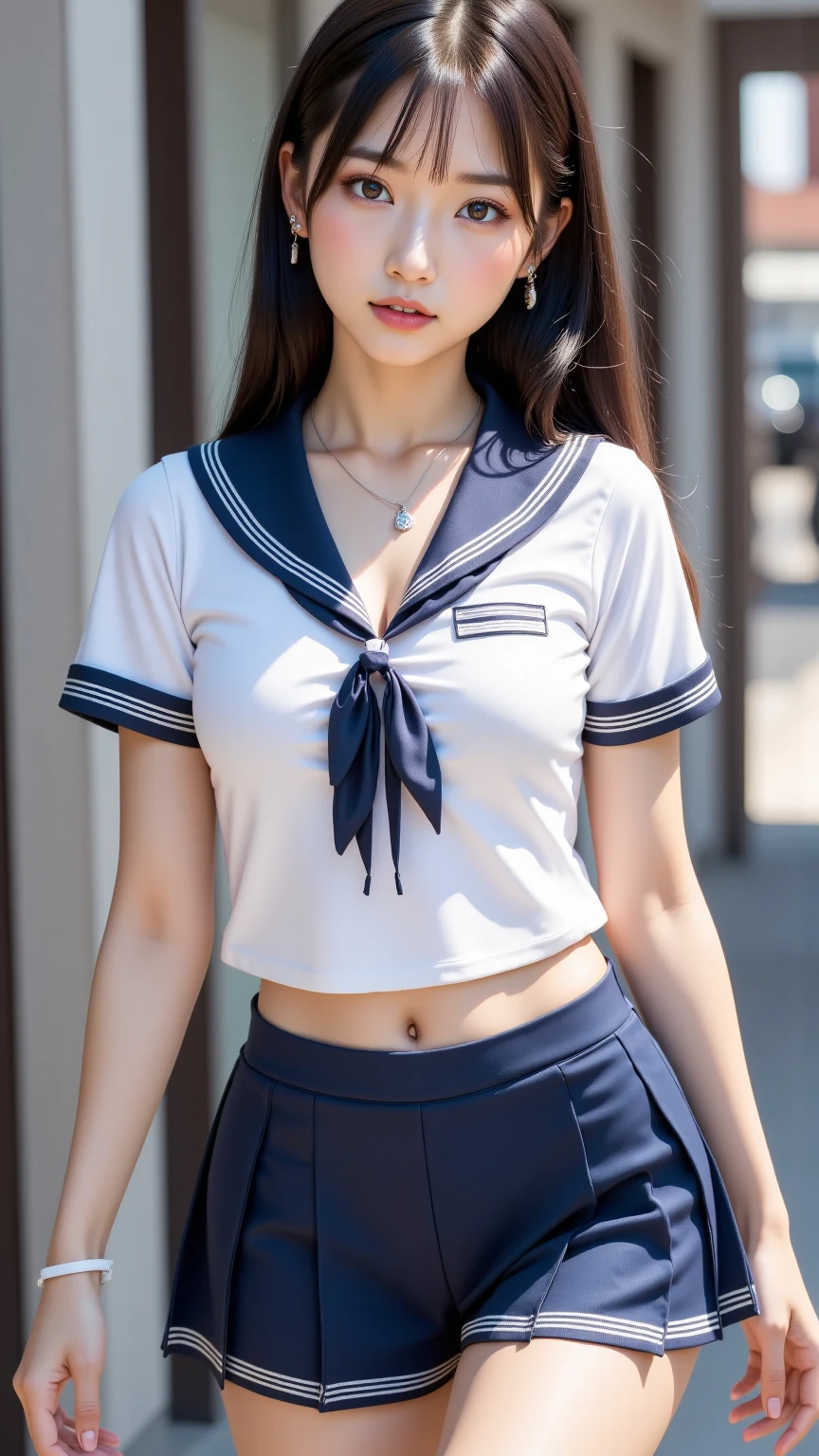 There was a woman kneeling in uniform, a sailor suit、White shorts、White undercoat、White pants、Beautiful linen ponytail、Beautiful navel、Beautiful photos~cute female student, wearing a Japanese school uniform, japanese girl school uniform, Shoot with C...