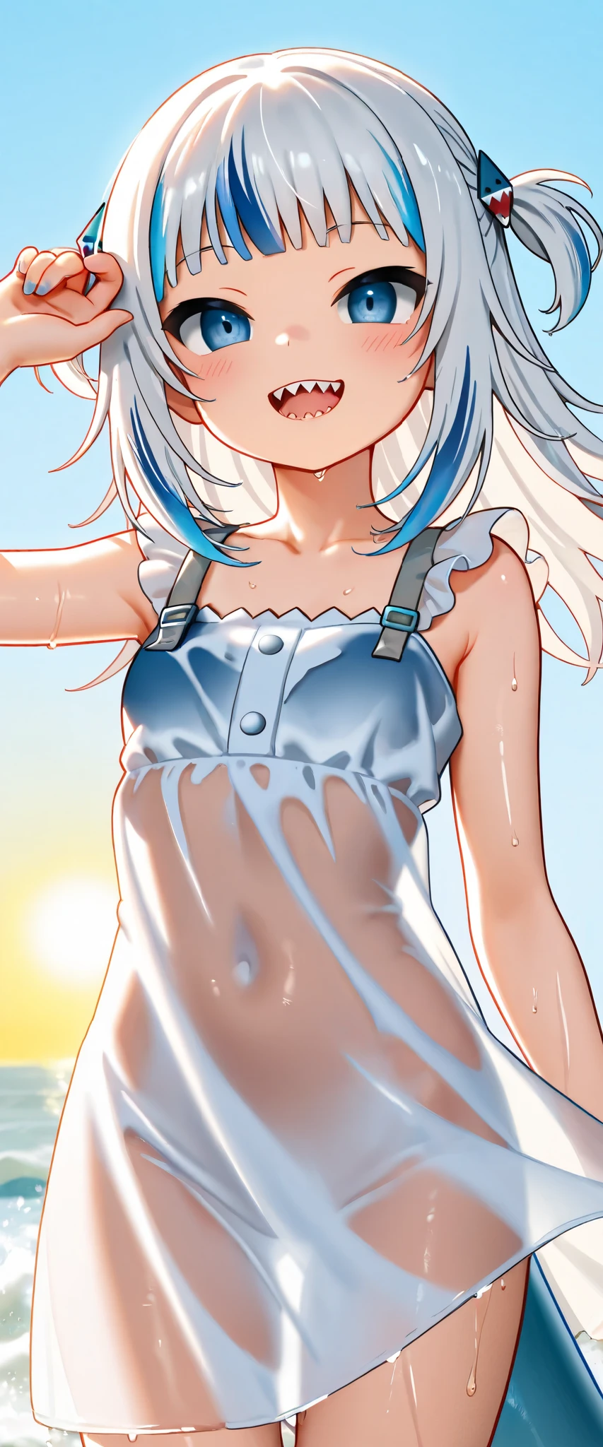 1 girl, , ((masterpiece)), (erectile nipples), white camisole, Dark skin, Ponytail, silver short hair, (five finger), wet, sideboob, looking at viewer, sky, sad smile, spread legs