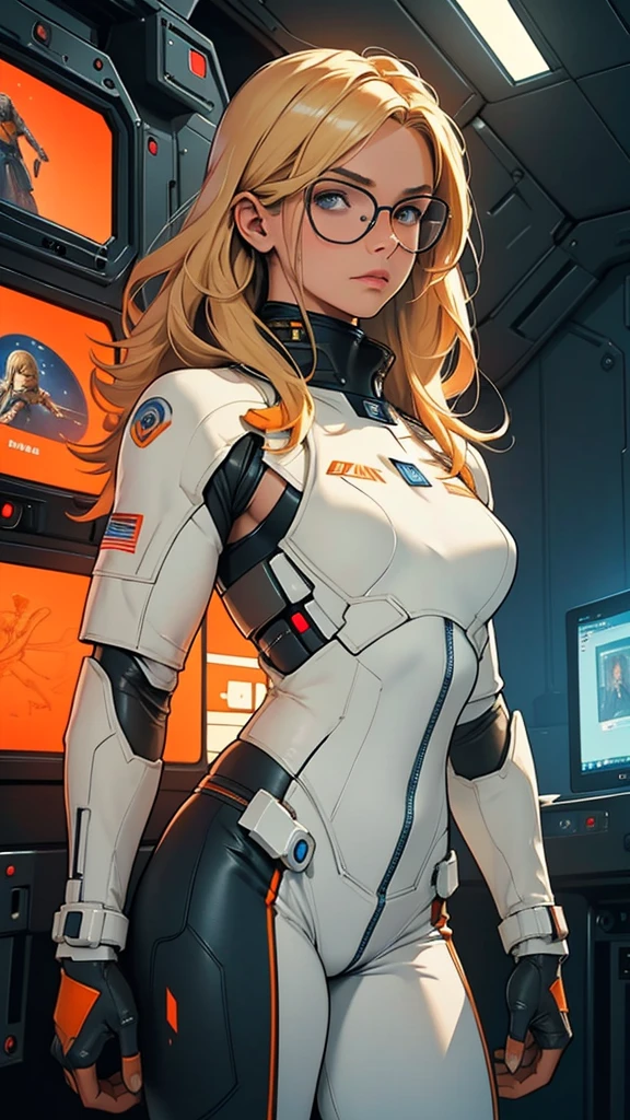 Beautiful cybernetic girl detailed muscles realistic masterpieces full figure pose (best quality,ultra-detailed), blonde hair, short bangs, glasses, fair skin, fit body, slim figure, narrow waist, large buttocks, (cocky expression), wearing pilot uniform and gear, inside a starfighter cockpit
