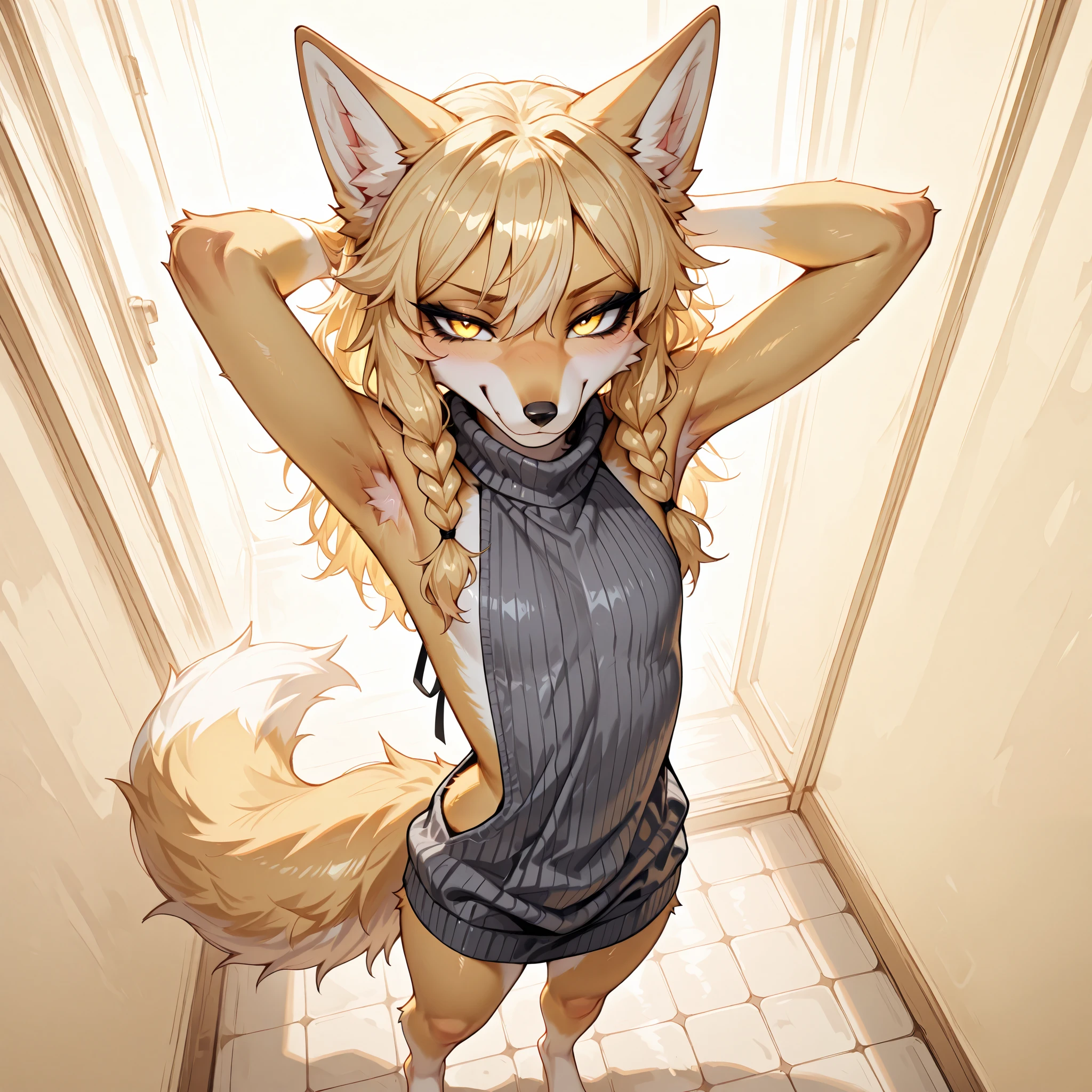 masterpiece, best quality, amazing quality, very aesthetic, high resolution, ultra-detailed, absurdres, newest, female furry, kimiko, anthro, solo, 1 girl, countershading, snout, furry blonde fox girl, light yellow fur, smirking, , long golden blonde hair, side locks, hair parted in the middle, yellow eyes, feet paws, four toes, black eyeliner, small chest size, wearing only a grey virgin killer sweater, tail, standing, looking at viewer, abstract light yellow background, seductive pose, hands behind head, winking, from above, Dutch angle,