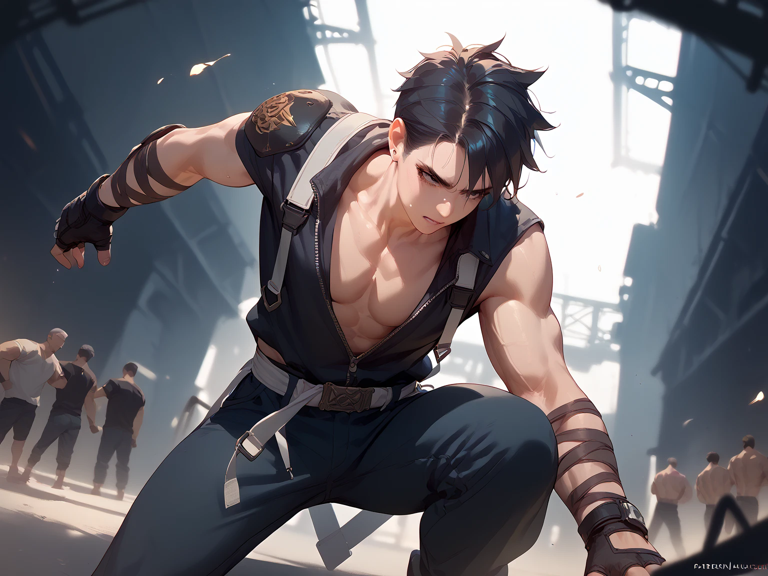 ((realist: 1.5)),((better quality)), ((masterpiece)),((detailed)), Man, whole body, ninja outfit, dynamic jump pose, ((making a jump)), Certain Traits, Well thought out touches, trend on artstation