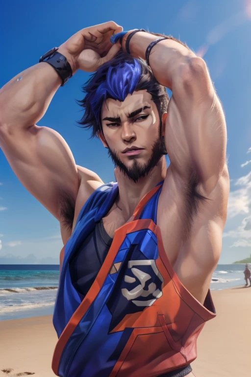 yoru valorant, spiky hair, tank top, white shorts, wearing sunglasses, beach background, hands behind head, thick armpit hair