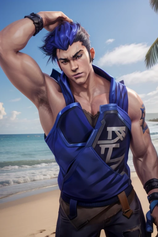 yoru valorant, shirtless, fully shirtless, no coat, no jacket, beach background, calvin Klein underwear