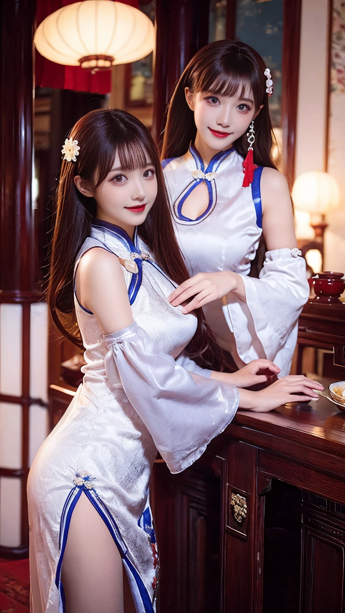 beautiful woman, Chestnut hair , Beautiful Eyes , Smile, Actual , Full HD, very beautiful dress ,Fluffy dress , curved body,Magnificent view ,Gorgeous decoration,cheongsam,中国发髻