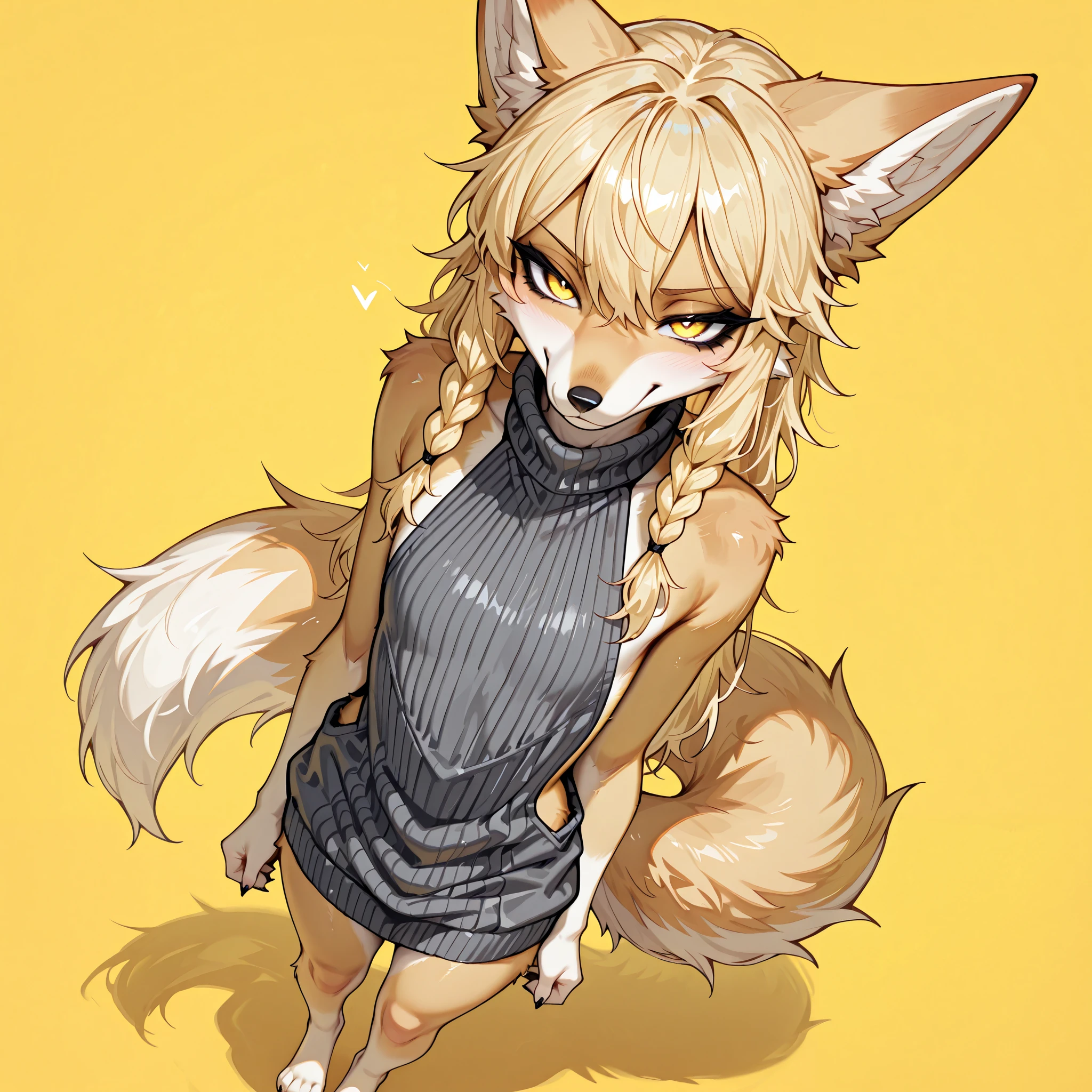 masterpiece, best quality, amazing quality, very aesthetic, high resolution, ultra-detailed, absurdres, newest, female furry, kimiko, anthro, solo, 1 girl, countershading, snout, furry blonde fox girl, light yellow fur, smirking, , long golden blonde hair, side locks, hair parted in the middle, yellow eyes, feet paws, four toes, black eyeliner, small chest size, wearing only a grey virgin killer sweater, tail, standing, looking at viewer, simple light yellow background, seductive pose, winking, from above, Dutch angle,