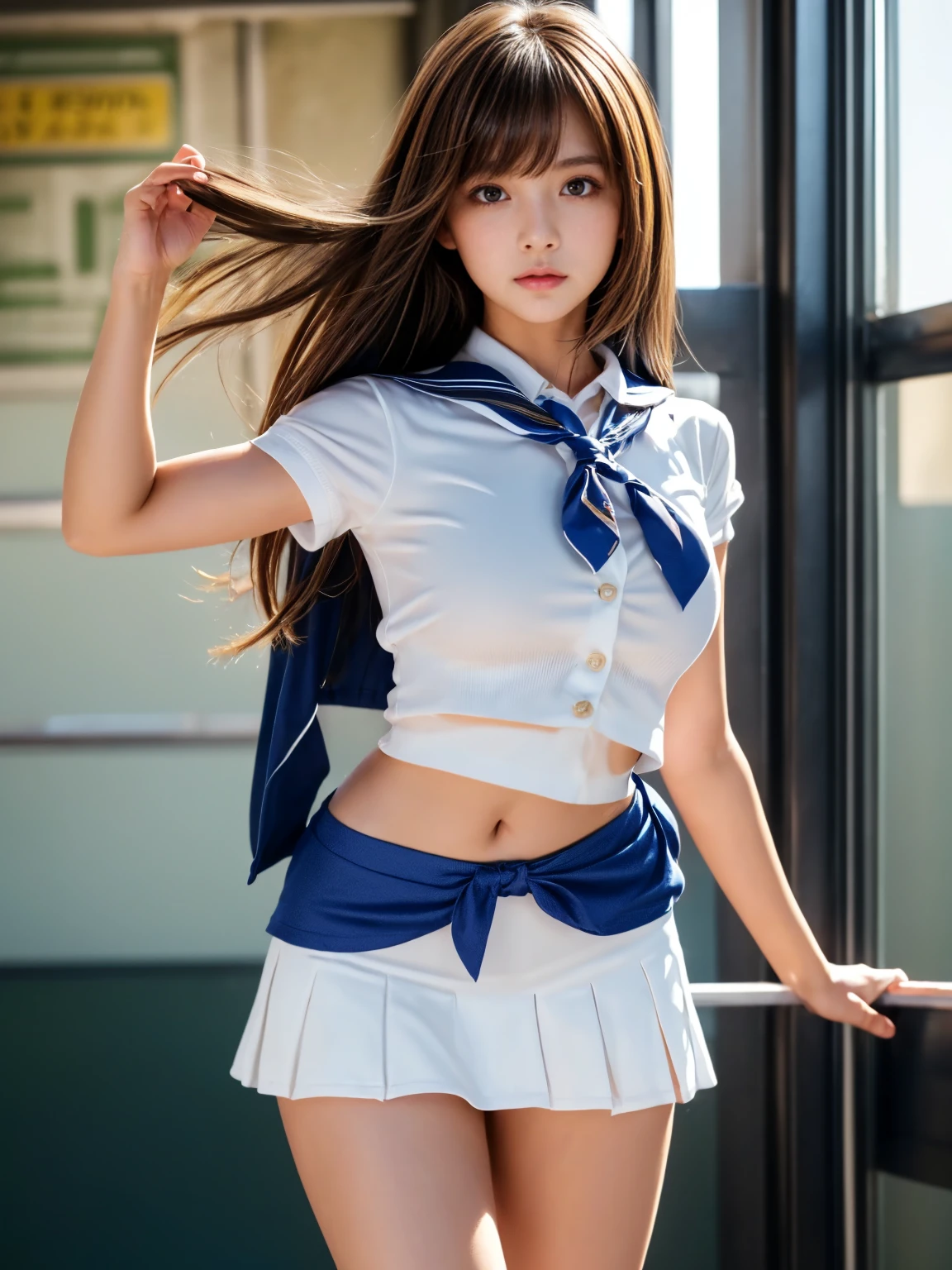 hight resolution、high-level image quality、in 8K、Real live-action、Raw photography、top-quality、masterpiece、超A high resolution、Raw photo、ren、Beautiful fece、masutepiece、((Obscene content))、For adults、charm of 、absurderes、((((Japanese super fashion model)))、((Slender face:1.2))、Cute little face、((Glowing face))、((((An incident that made my cheeks turn red、Puff out cheeks)))))、((thin body shape:1.5))、((lean body:1.5))、(((height 180cm:1.3、tall)))Smaller chest、kne、 Narrow thighs、report、fullllbody、Very nice、((Sailor Moon Costumes:1.5))、 Lifting Pleated Mini Skirt、((Pubic area))、Pubic area、(Mansuji)、White panty、Dancing:1.5、(Photorealsitic:1.37)、Photon mapping、Realistic、Radio City、Physically Based Rendering、depth of field rally background、a picture、(((a junior idol in Japan)))、Sparkling eyes、shiny lip、too bright natural light、The Bright Sun、Too bright sunlight、Looking at the camera、((blond))、((2 hair buns:1.5))、((very long straight twintail hairstyle:1.5))、(((Fulll body Shot:1.5)))、((kne))、((during daytime))、((Sunshine:1.5))