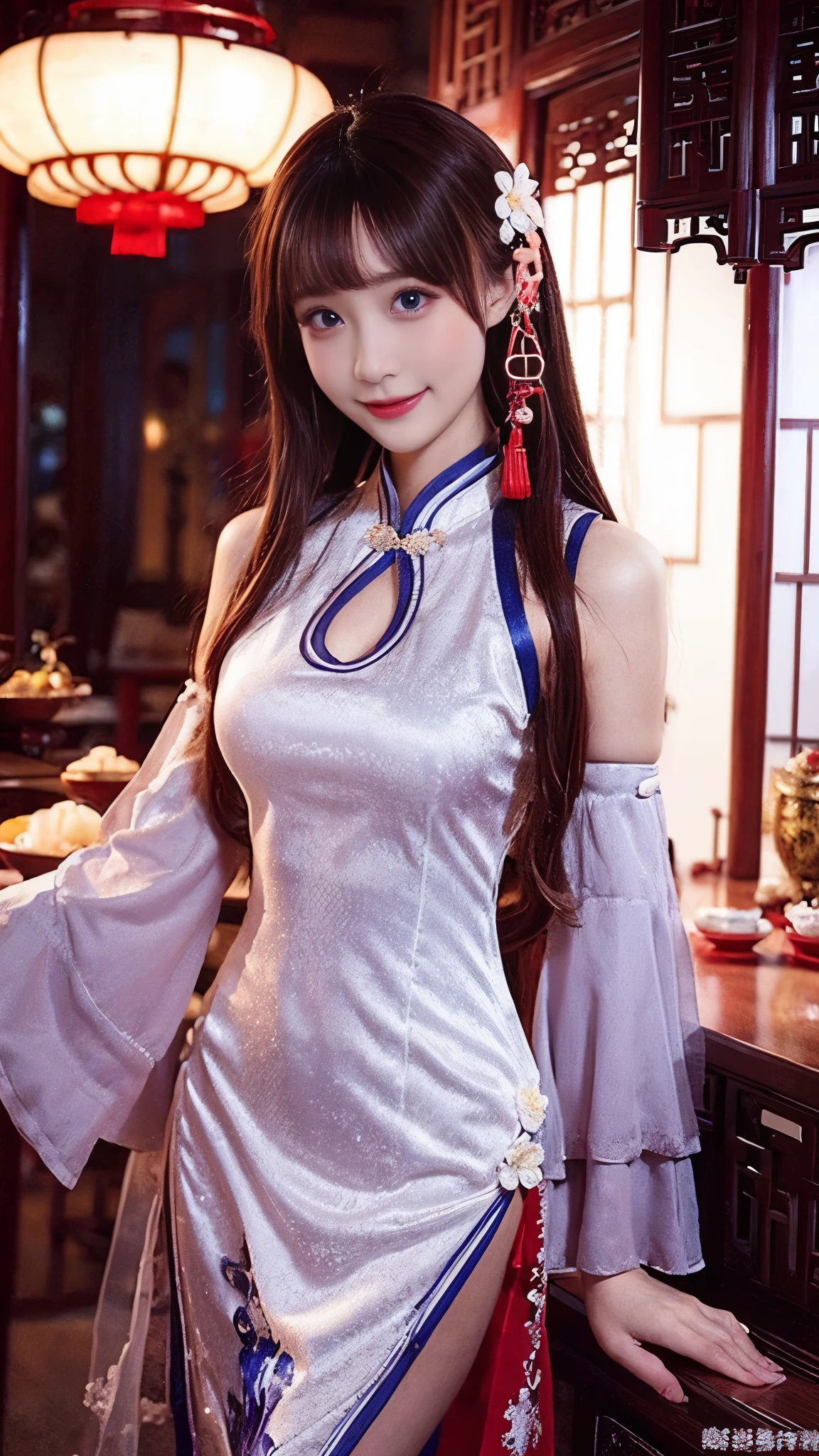 beautiful woman, Chestnut hair , Beautiful Eyes , Smile, Actual , Full HD, very beautiful dress ,Fluffy dress , curved body,Magnificent view ,Gorgeous decoration,cheongsam,中国发髻