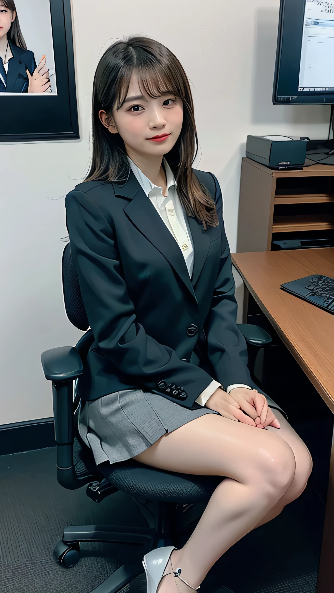 TOP QUALITY, required items, photorealistic, high definition, 8k RAW photo,Alone, 1 girl, 20 years old、 office chair where I can see my chest、 expressionless、 looking at me 、business suit、 high heels、miniskirt、 beauty