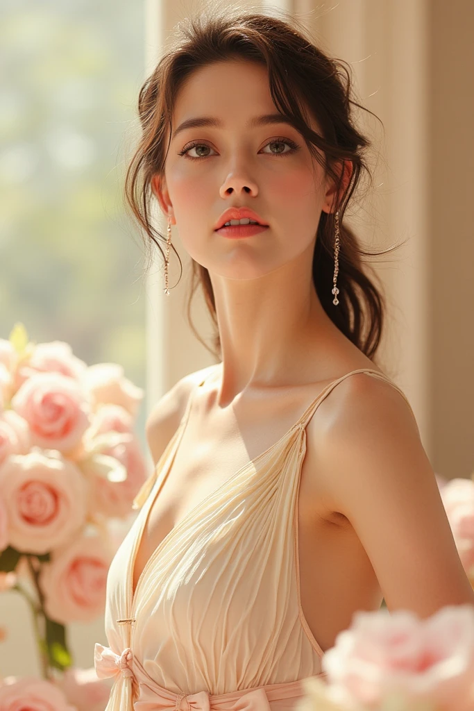 Aphrodite, the Greek goddess standing amidst ancient ruins, is realistically rendered down to the smallest detail. Close-up of her face, wear white cloth.