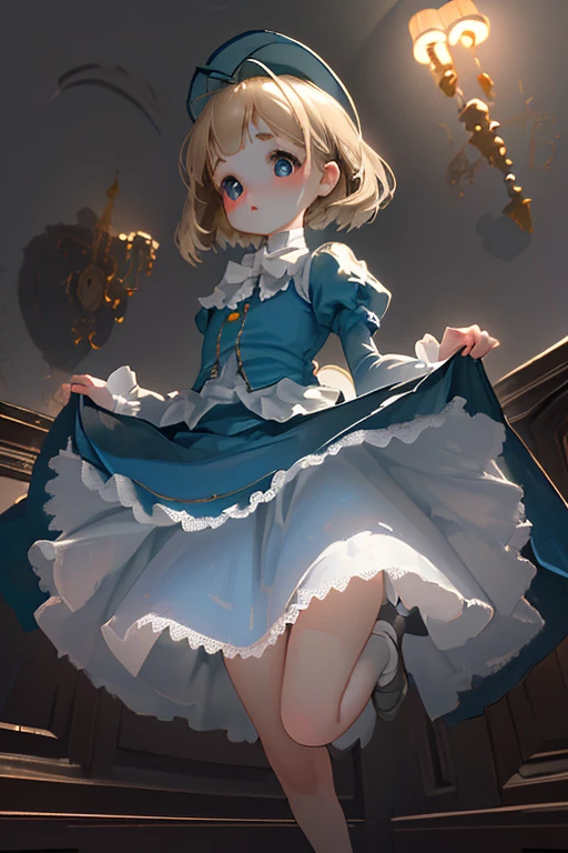 (masterpiece, high quality, Mysterious, Ideal body proportions), (Ultra-high resolution, 8K RAW Photos, Photorealistic, Natural light, Fabric Shading), Wide Shot Photography:1.6, (One beautiful anime girl:1.3, , alone:1.5, Mature Woman:1.5, Browsing Caution:1.25, whole body:1.3), Glowing Skin, break, ((Alice in Wonderland:1.3, Cute girl, cute, cute, interesting, Girl Falling From the Sky:1.5, Girl Flying in the Sky:1.5, The girl is floating in the air:1.1, The wind lifts up the skirt:1.5, (Embarrassed:1.3), Amazing, Put on an apron and put your hand on your crotch:1.35)), break, ((Trump, trump card, Tea cup, you can, teaspoon, Small Clock:1.3, Lipstick, Candy:1.2, クッKey, Jam jar, Key)), ((Royal Blue Dress :1.5, Wearing a long flared skirt:1.3, White apron, White Stockings)), (Medium-length platinum blonde hair:1.2, Twin tail hair:1.6, Her hair was tied with a big ribbon), (blue eyes, Bright eyes with highlights, Detailed eyes), (Lie on your back:1.4, Leaning forward:1.2, Stand up straight and spread your legs:1.5), ((Dutch Angle:1.5, whole body:1.3, Crotch focus:1.3, From below:1.5, Poor posture)), Cinematic imagery, Exotic Wallpaper, colorful, Pop Art, Great art, (Fantasy Images:1.5), ((Correct Anatomy:1.5, Perfect Anatomy:1.3, The right move, Small feet:1.2)),