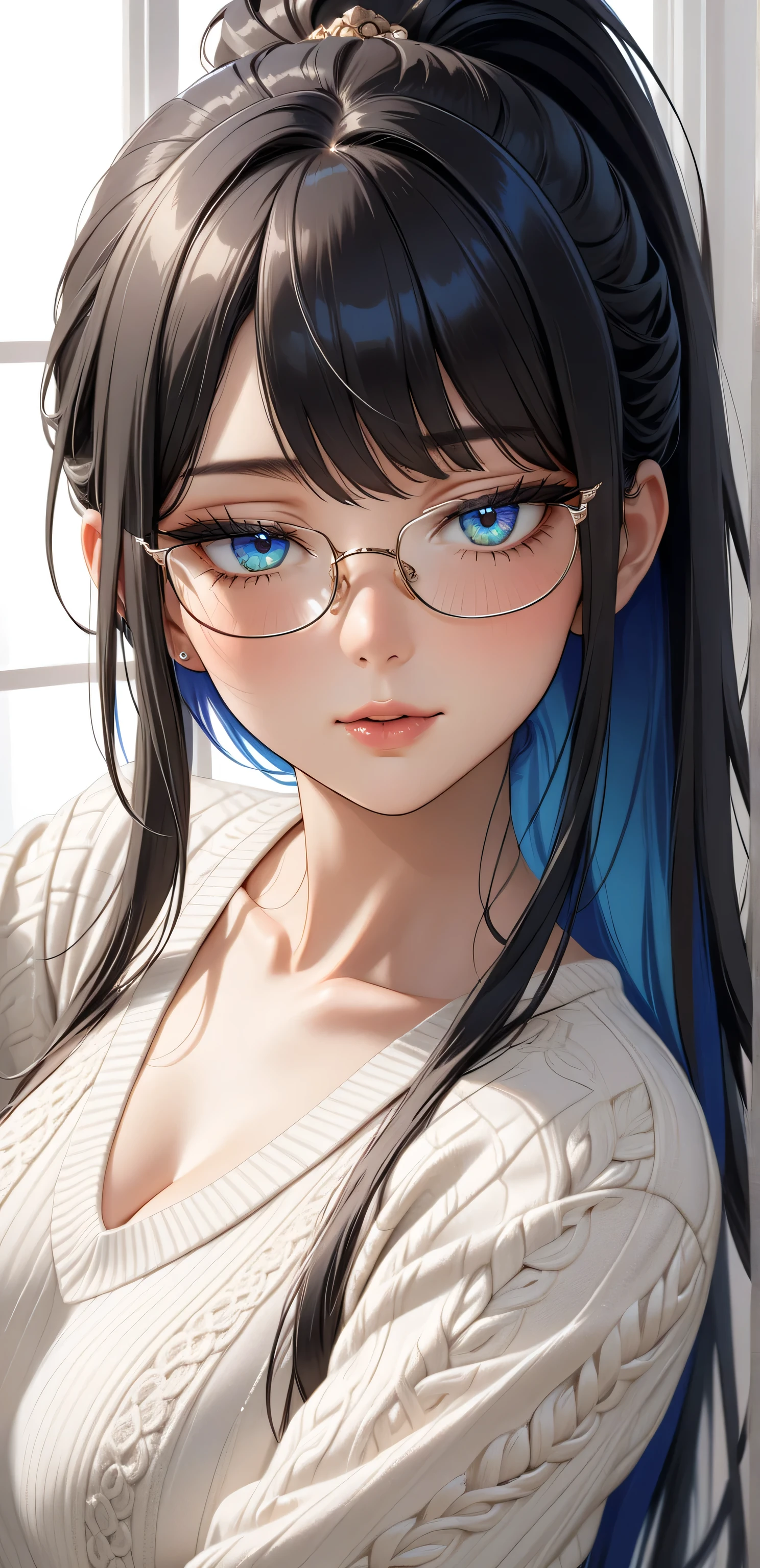 Random Sexy pose , ((Ultra detailing)), ((elegant mature women)), ((very aesthetic, best quality, ultra detailed)), intricate details, 1girl, ((long hair, Black hair, ponytail, blue inner hair)), ((Multi colour eyes)), ((Detailed eyes)), ((Beautifull eyes)), ((prefect eyes)), ((Ultra detailing eyes)) ,Medium breast, sharp jawline, long hair, shy, Licking her lips,,(sweater, one bare shouder, sexy glasses)),