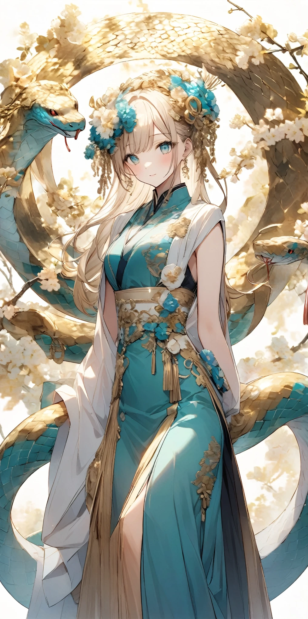 close-up of a golden turquoise snake , it circles around itself , bright colors evoke prosperity and good luck. Next to the snake , a young girl ,, white as porcelain , eyes as bright as sapphires , standing confidently in front of a white background . more than, bold gold text shines , with elegant cursive " Happy New Year 2025 ", radiates a warm atmosphere .