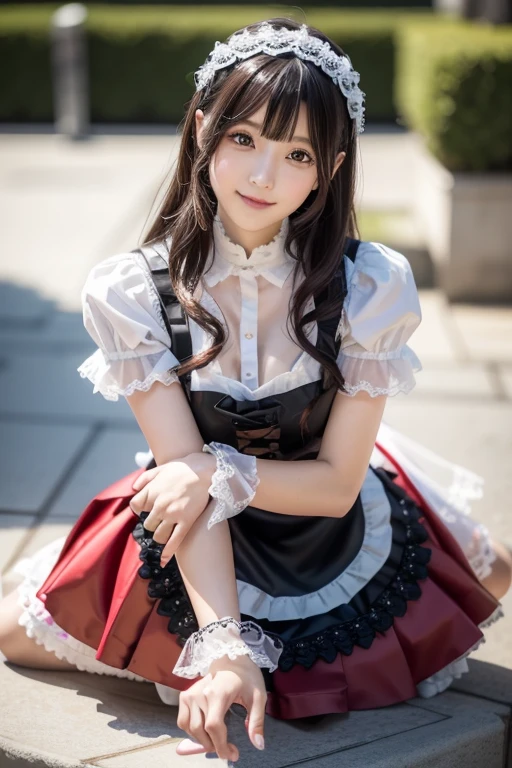 Cute face like a 15-year-old idol Smiling Kindly Japanese Gothic ta Cosplay Frills Maid clothes mini skirt Cleavage Slightly large bust indoor Western-style living room ((Full body portrait)) (Natural light) RAW Photos Ultra-high resolution Genuine live-action Realistic